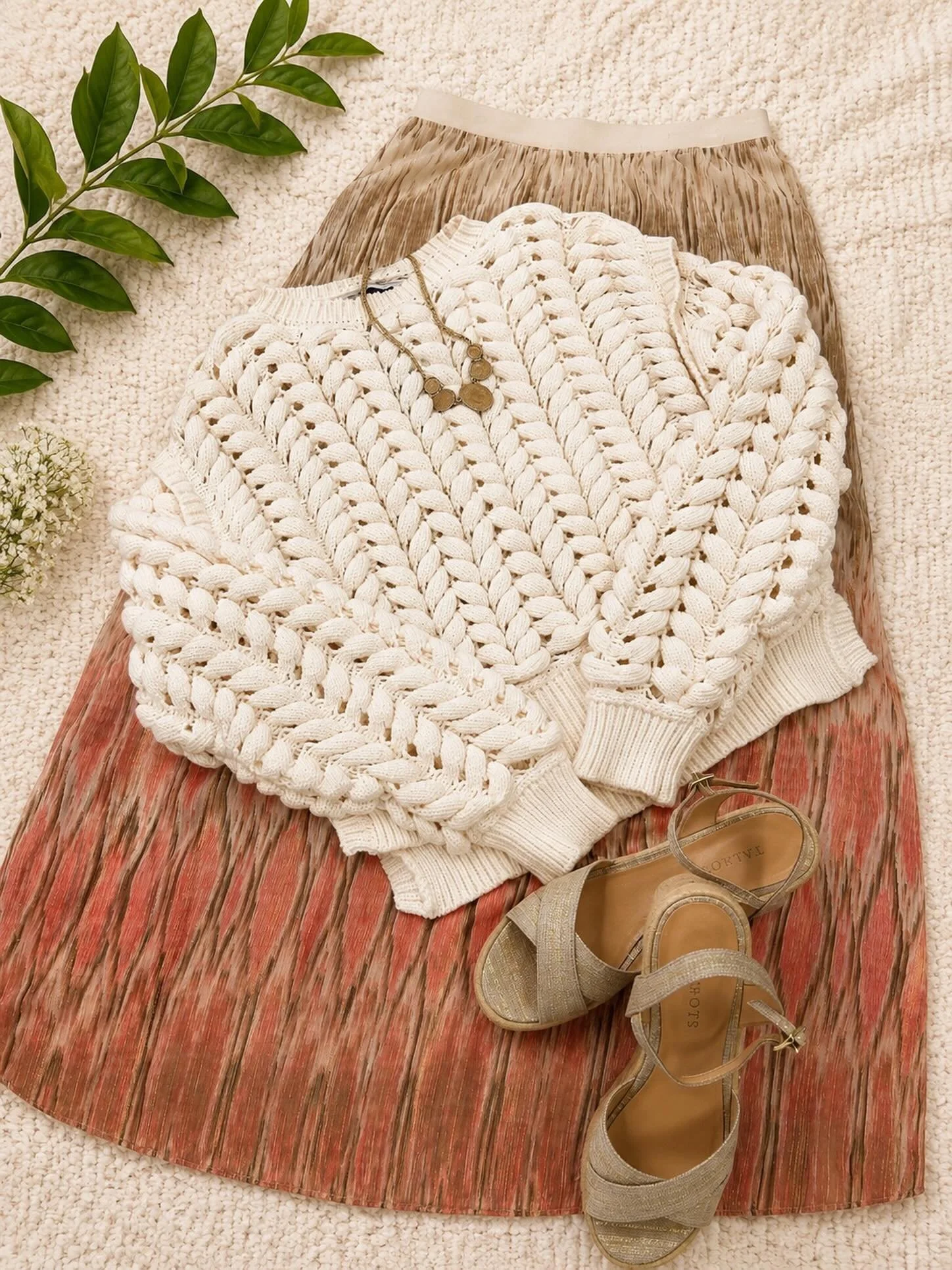 Chico&rsquo;s skirt, size small, $13.77
NWT KKB sweater, size small, $23.16
Talbots wedge sandals, size 7, $26.97
Lucky Brand necklace, $14.95