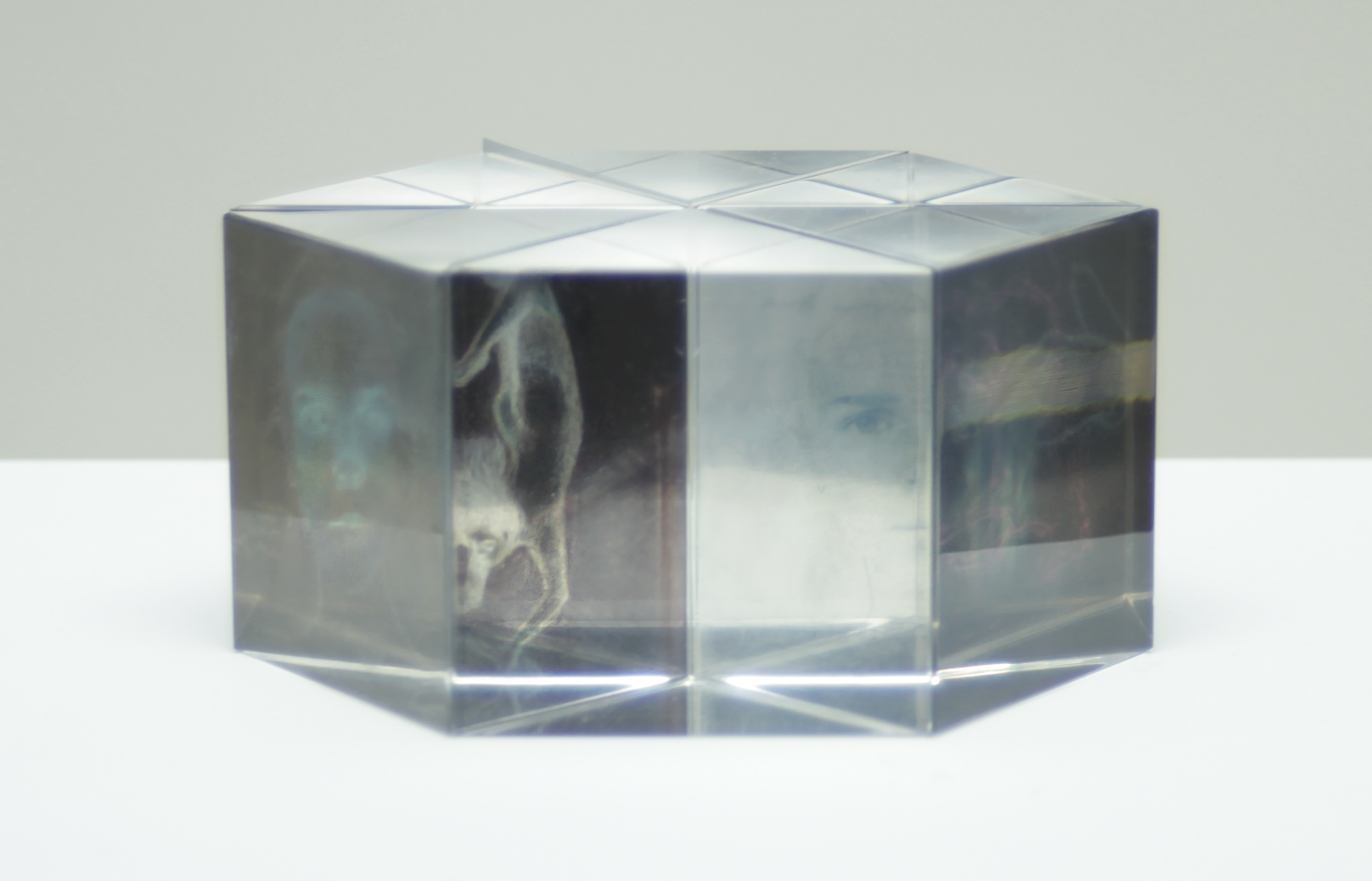Prism assembly II, pencil drawing prints on acetate and glass prisms, ca. 12 x 5 x 12 cm, 2019-20. See video below.