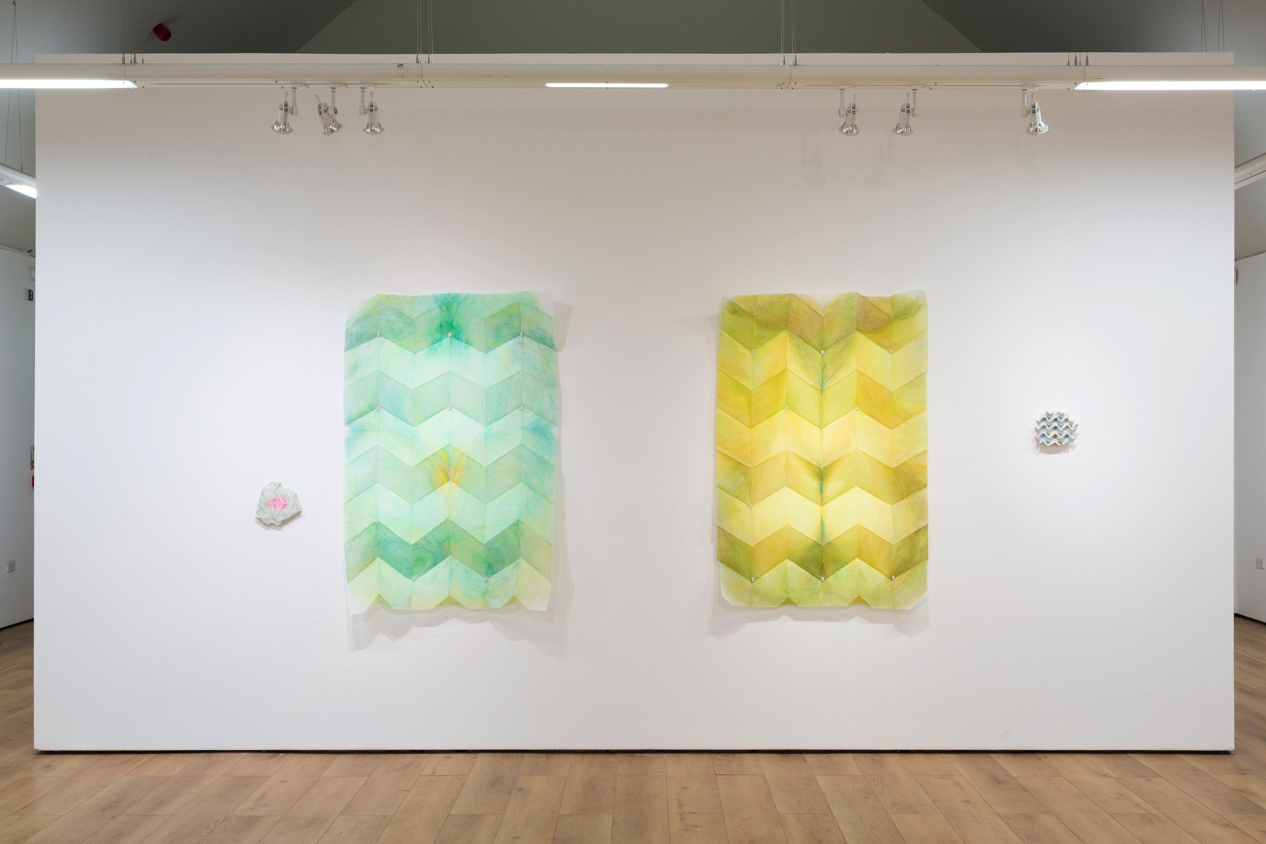 Install shot of C-C-C-O-D, Whisper, Murmur and J-G, mixed media on jesmonite and BoPET paper, 2022. photo credit to Josef Konczak and Gerald Moore Gallery_