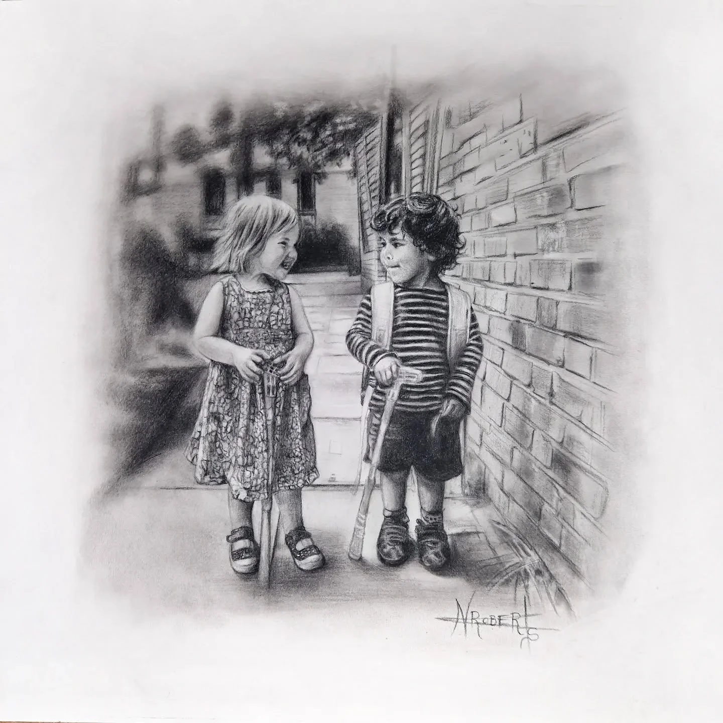 Just finished this little charcoal drawing of my nephew Marlow and his "girl" friend;) and snapped it with my phone in Spain...think I will call it "A little romance"...trying to save my sheckles...Merry Belated Christmas Julie Ro