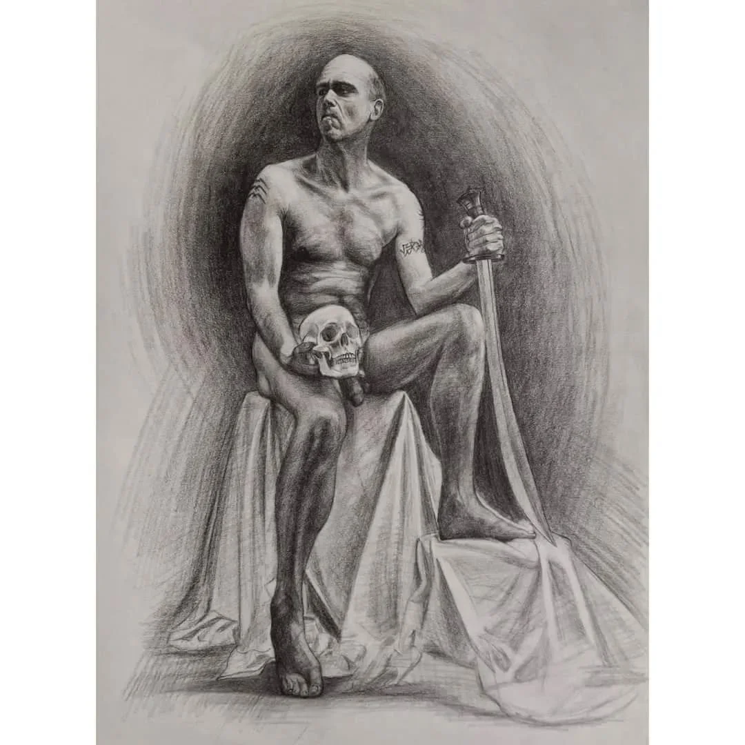 Male drawing academic study of my Mucker Mark... Charcoal on newsprint about 8-ish hours in total...trying to get it down to 3... entitled The emperor's new clothes #charoaldrawing #artnude #academicdrawing