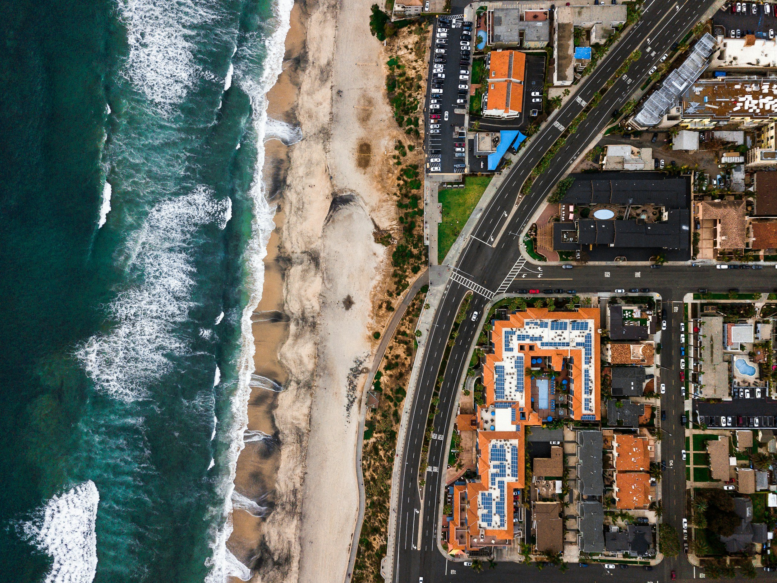 Aerial view of the Carlsbad, California coastline and neighboring streets