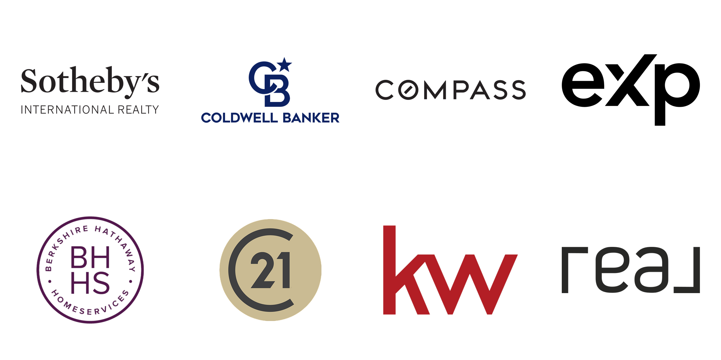 Partner brokerages including Sotheby's International Realty, Coldwell Banker, Compass, eXp Realty, Berkshire Hathaway HomeServices, Century 21, Keller Williams, and The Real Brokerage