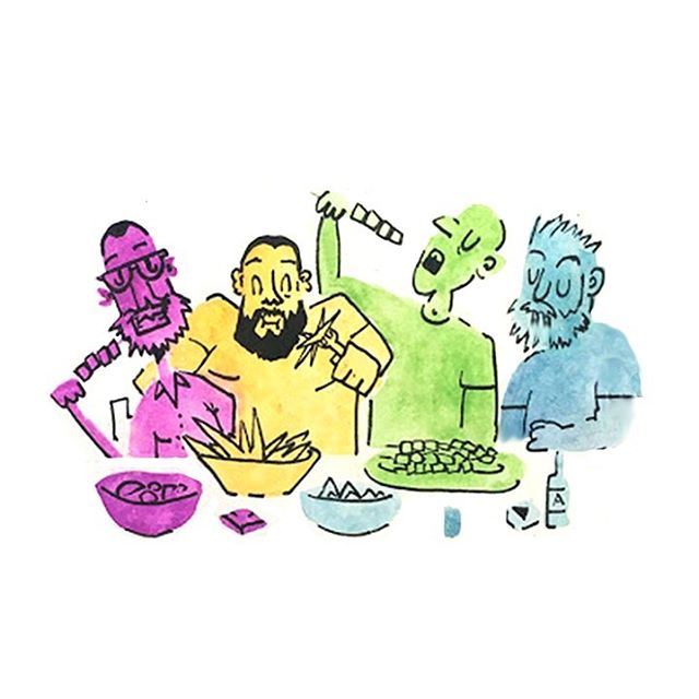 Souvlaki dinner with friends doodle. #sketchbook #doodle #watercolour #ink #dinner #friends #styra #yiafka #souvlaki #colours #magenta #yellow #green #blue