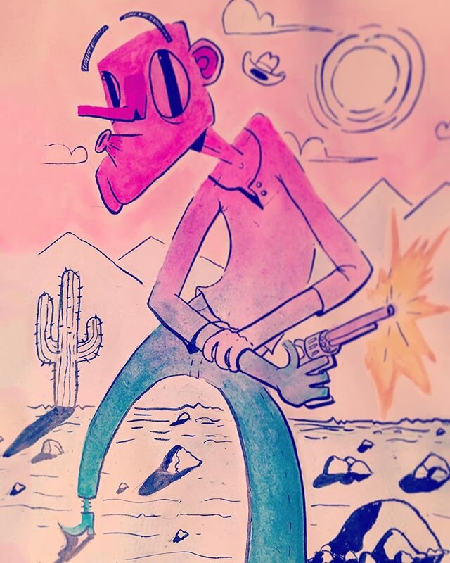 Stop overthinking. Just shoot from the hip. #sketchbook #ink #watercolour #instaart #drawing #pink #blue #cowboy #shootingfromthehip #shoot #west #farwest #cartoon