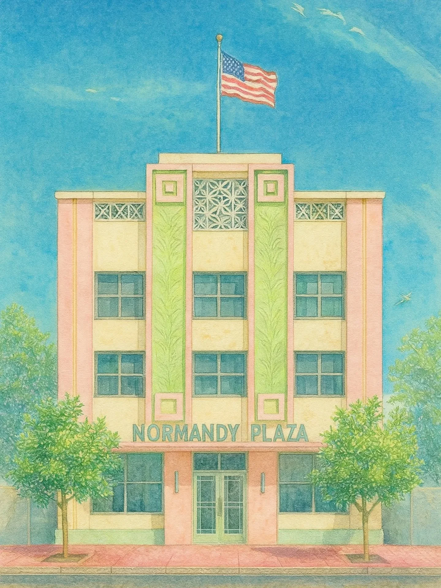 &quot;No self respecting arc-deco hotel is complete without a flag post.&quot; A few years ago we had the pleasure of designing and drafting renovation plans for the Normandy Plaza Hotel located in Miami Beach.  This render shows the proposed color s