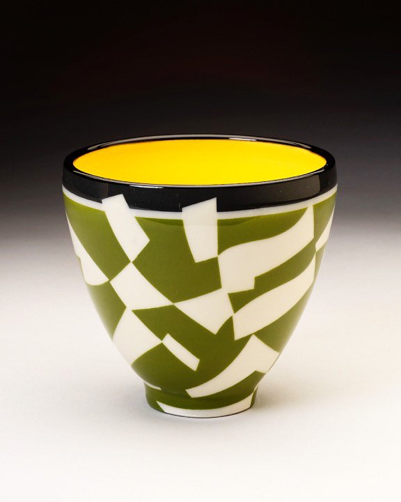 Olive, black &amp; yellow vessel