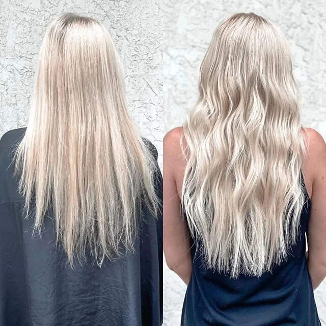 Blonding and #HandTiedExtensions - my 2 favorite things 🤍
.
.
We used 1 row of 18&rdquo; @platformhairextensions in #60 and #18-24/60 to add fullness and length
.
.
And of course we hid the beads during the install to make the extensions completely 