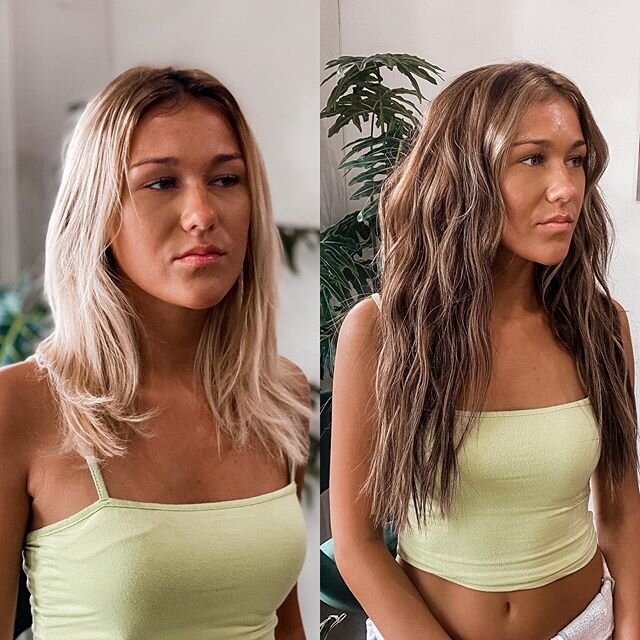 Glow 💡Up .
.
From #Quarantineroots to Beachy 🌴 #Blondette Bombshell with a color correction and 2 rows of @platformhairextensions 18&rdquo; #HandTiedExtensions Using the #HiddenWeft method - because no one wants to see your beads .
.
DM for a compl