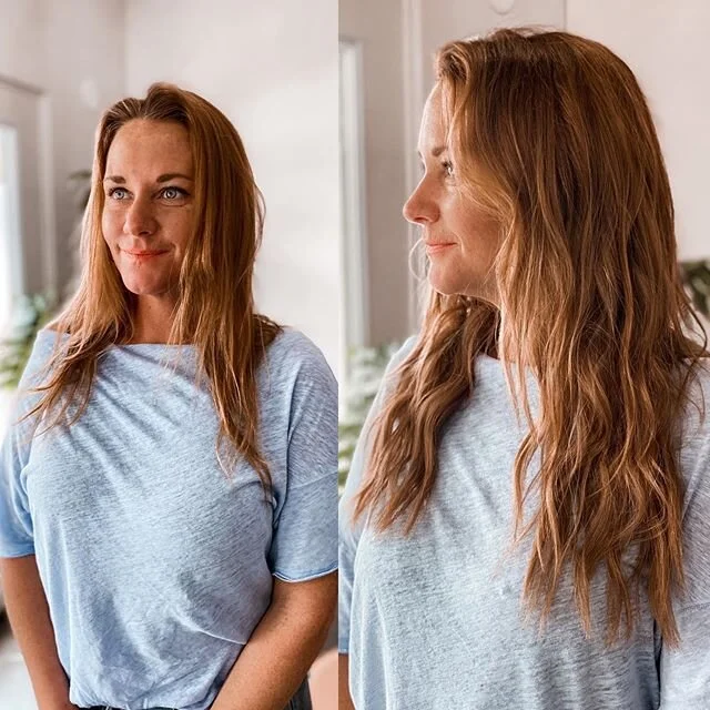 Are you tired of skinny ends? .
.
DM for a complimentary #HandTiedExtension consult in #Nashville or on #30A .
.
Before &amp; After using 1 row of 18&rdquo; @platformhairextensions in #22/27 &amp; custom@colored for a perfect match 👌🏽
