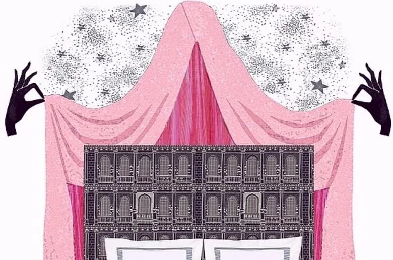 Zooming in a bit on the Surrealist elements in my work, as discussed in this issue of @businessofhome - the bed hanging I designed for the @brooklynshowhouse Primary Bedroom was inspired by a gown in the recently relaunched Schiaparelli SS15 collecti