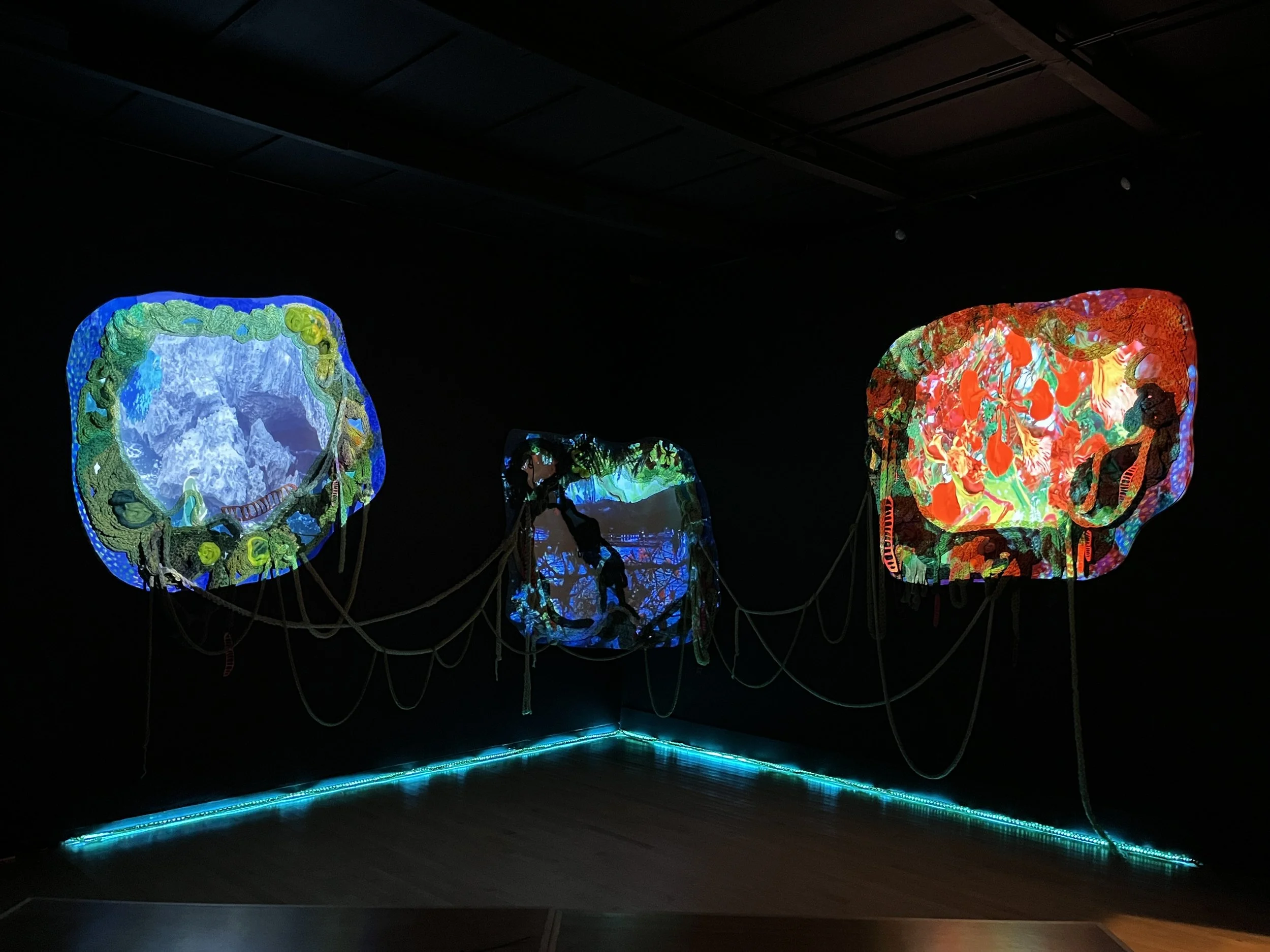  Wool yarn, plywood, acrylic paint, canvas, 1 hour audio loop, multi-channel video projection 33 minutes: 35 seconds 