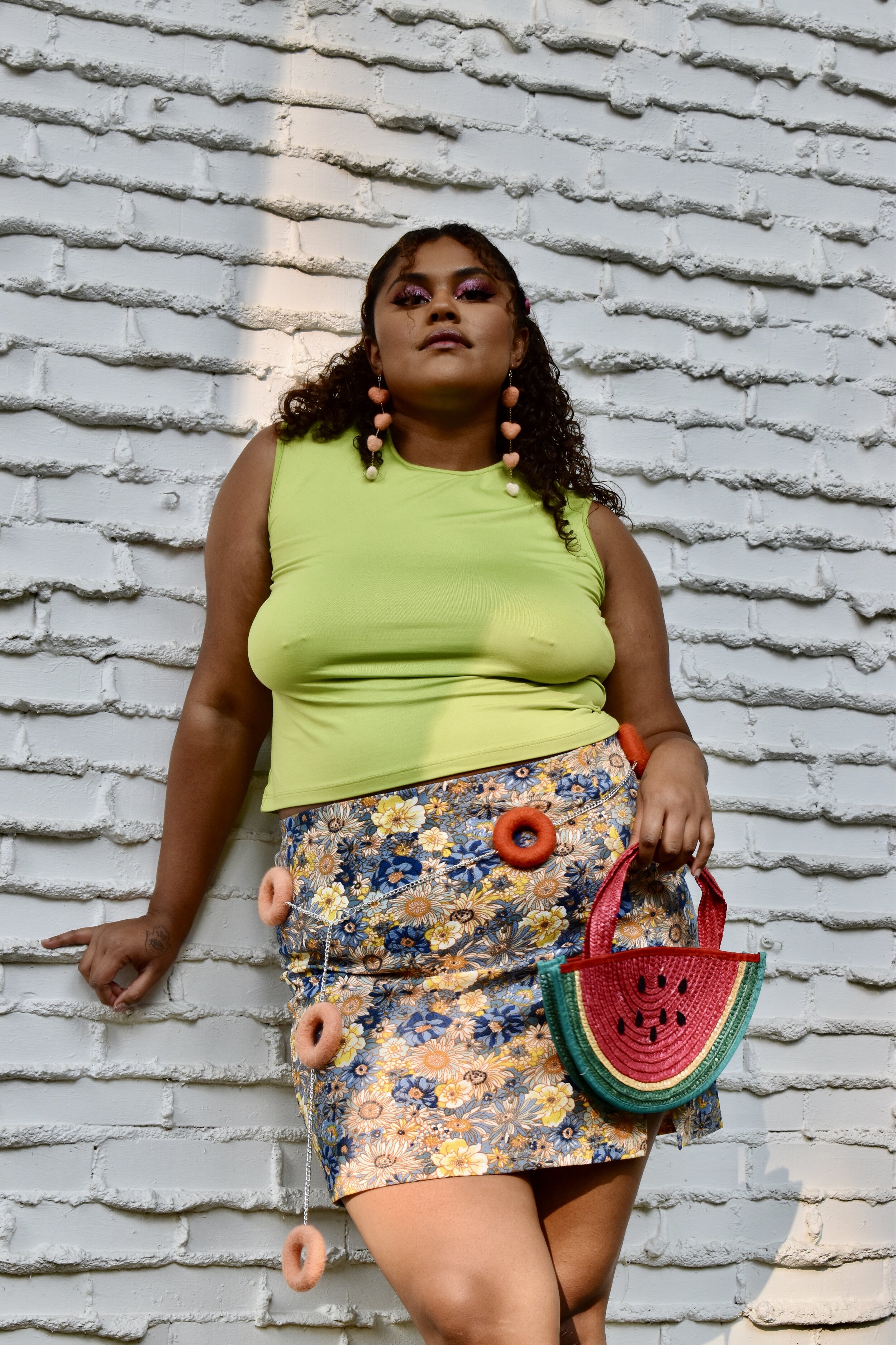 Destiny in the orange ombré heart chain earrings and two tone orange loop belt (not for sale at the moment). Needle felted earrings with handdyed 100% merino wool with fiber reactive dyes and metal. Watermelon bag not made by me. Taken on a Nik