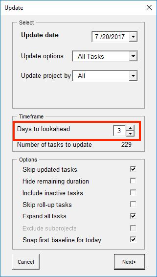 Days to lookahead in Update options