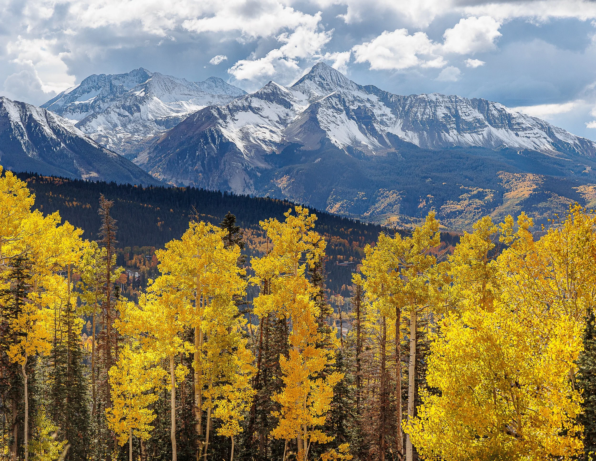 Mountain landscape with snow-capped peaks, evergreen and yellow autumn trees.