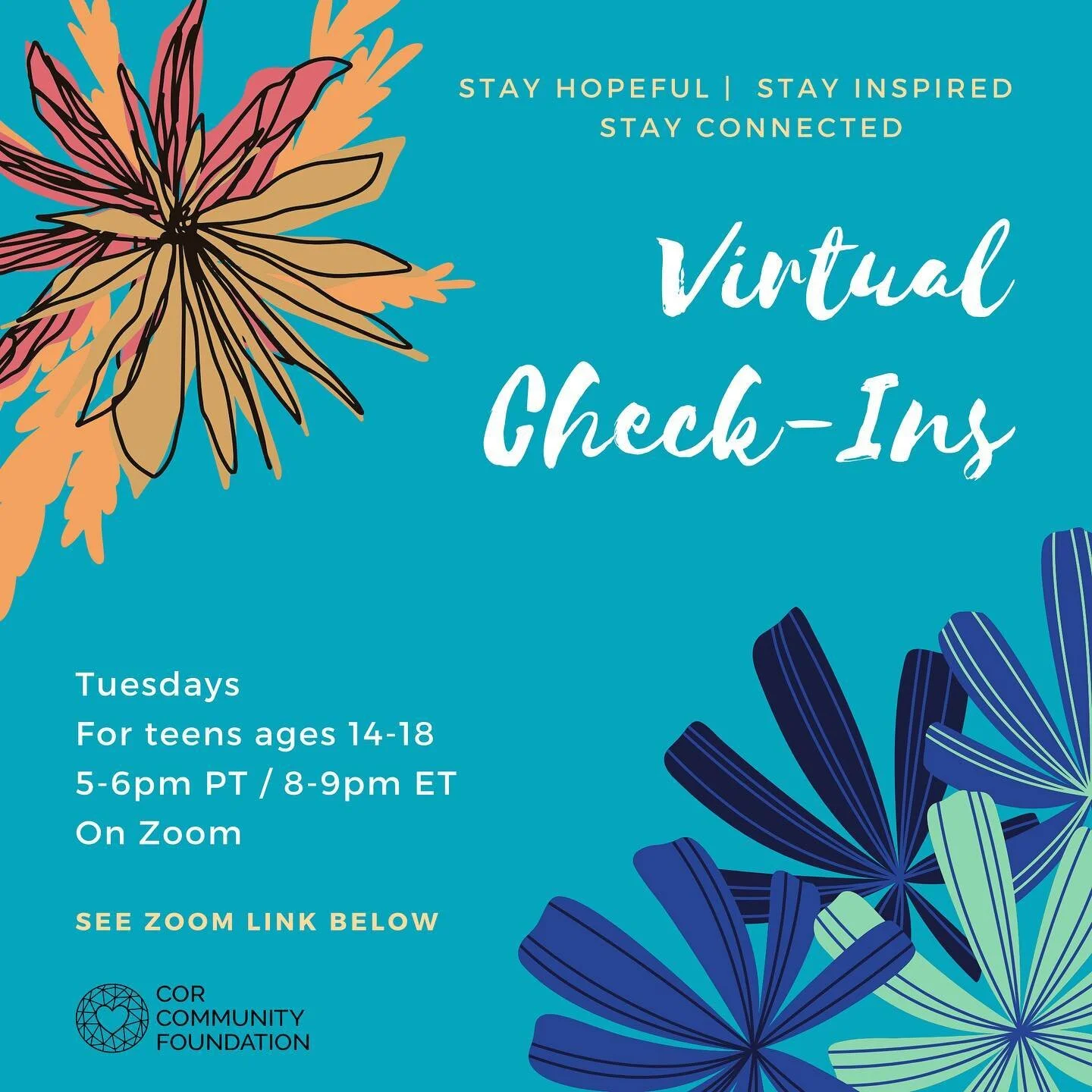 It's Tuesday! That means we have our free virtual check-in (aka sharing circle) for teens ages 14-18 tonight! It will be held over Zoom today from 5-6pm PT / 8-9pm ET.

We know teens are both resilient and going through a lot. They may be struggling 