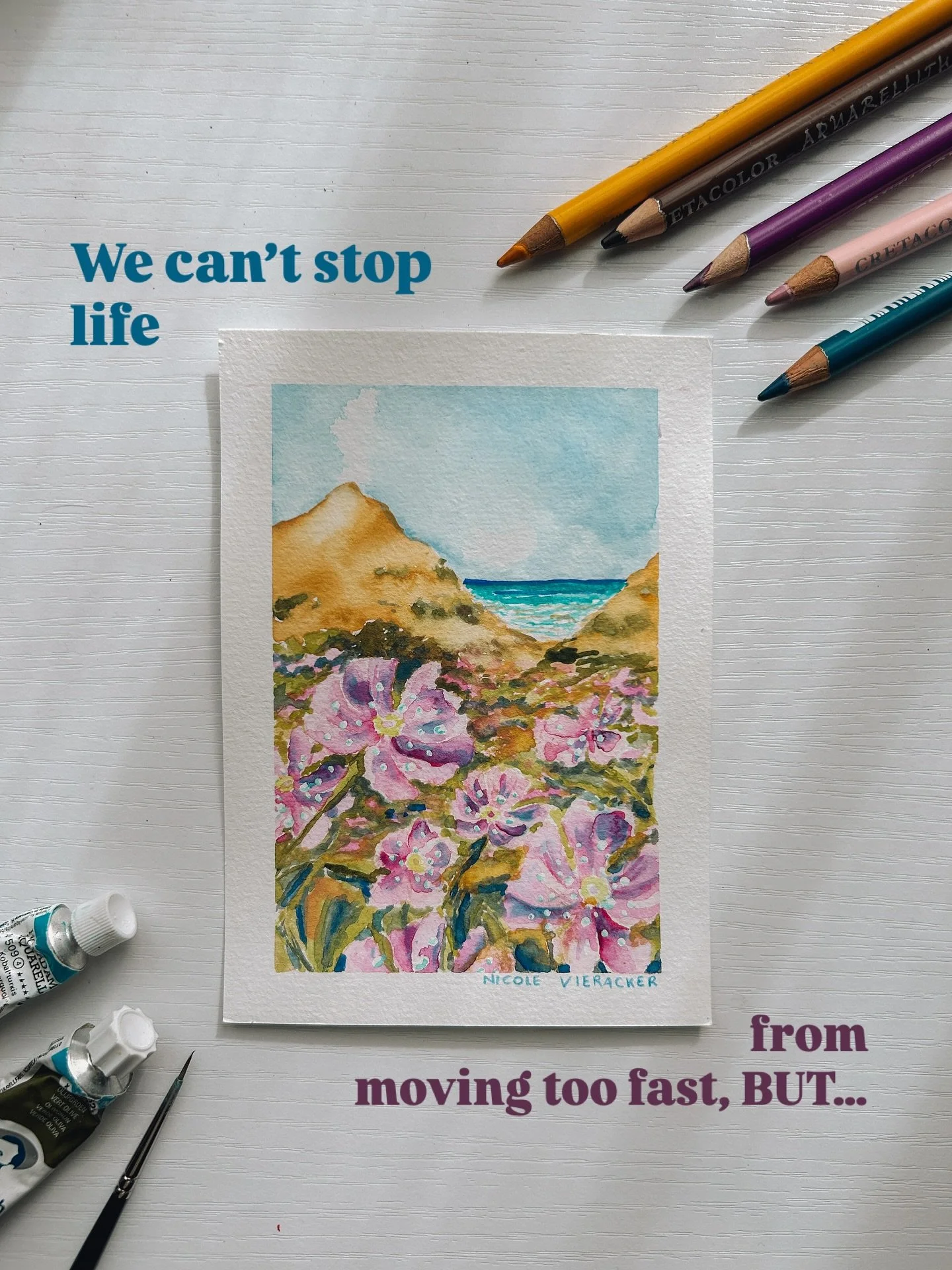 Because life moves quickly &mdash; but we don&rsquo;t have to.

This tiny landscape is inspired by one of my favourite moments last spring here in Sardinia.
Every year around April, the dunes near our beach turn into a soft pink carpet of wildflowers