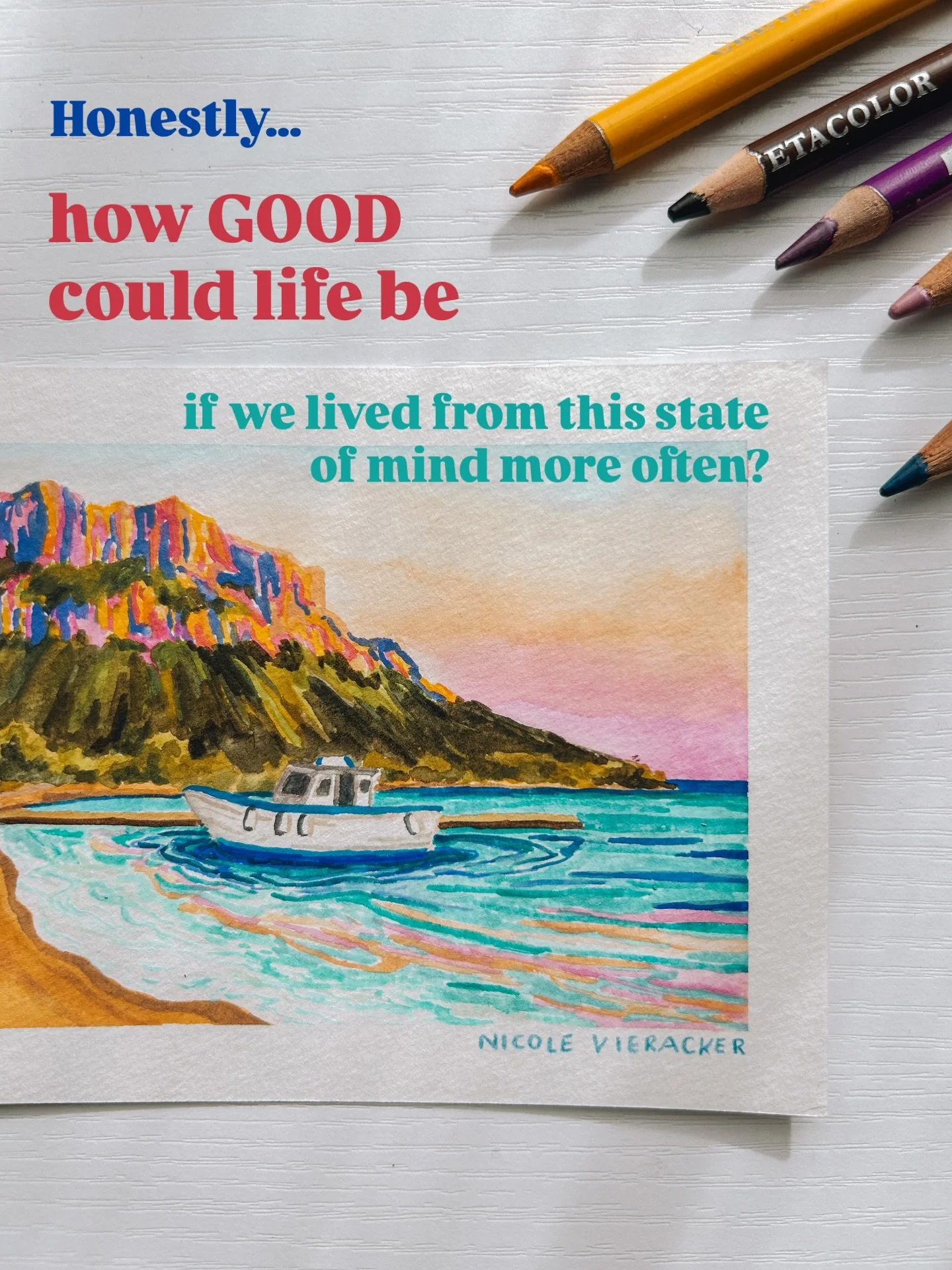 A tiny landscape inspired by a big feeling:
that moment in nature when everything suddenly makes sense again.
May it bring a bit of calm and perspective into your day. 

#mindfulart #watercolor #watercolorlandscape #intentionalliving #naturemoments