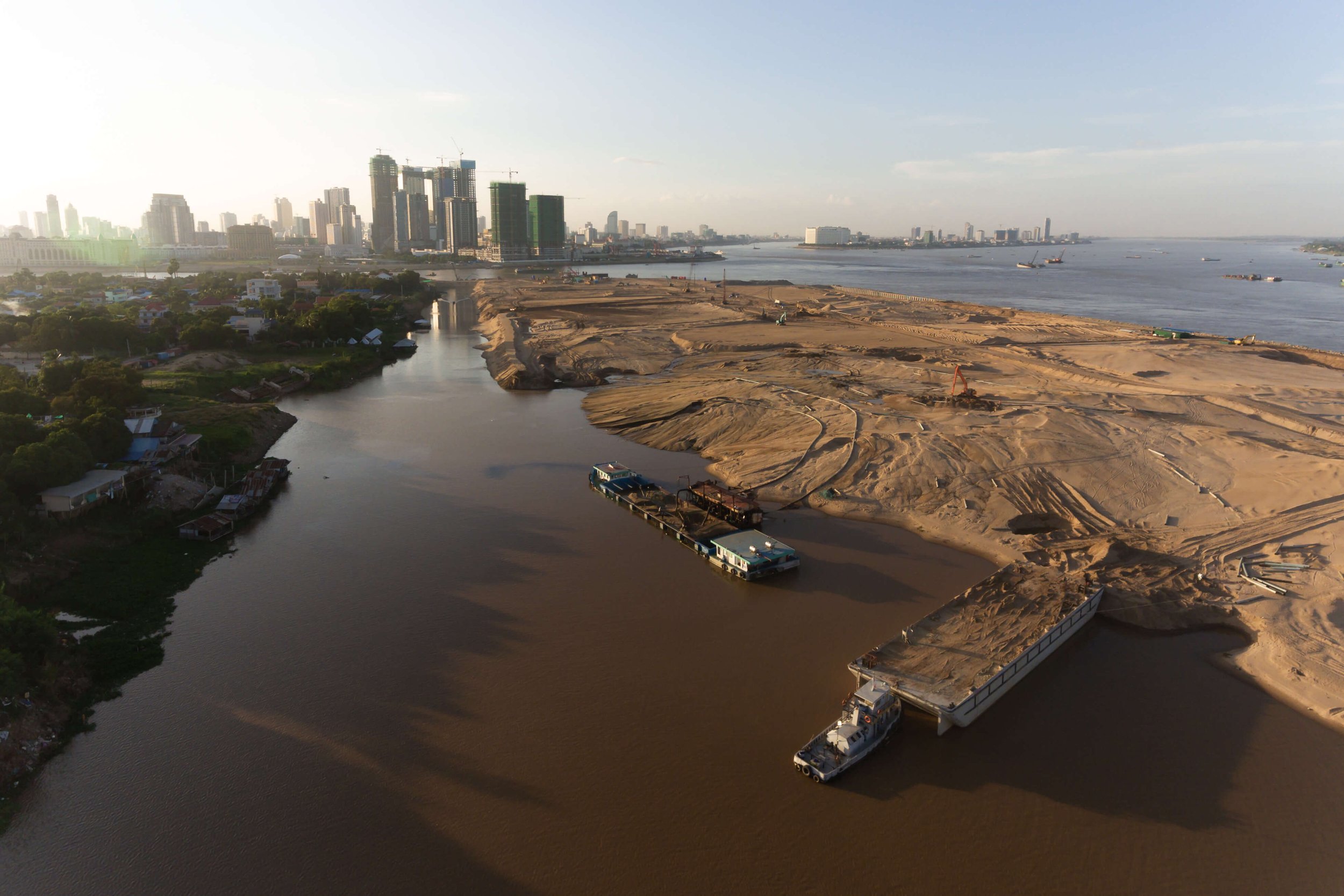  An aerial view of Koh Norea, Phnom Penh’s second artificial island on the Mekong. The mega development, which is yet to publicly produce an Environmental Impact Assessment, has raised concerns among environmentalists and researchers due to the vast 