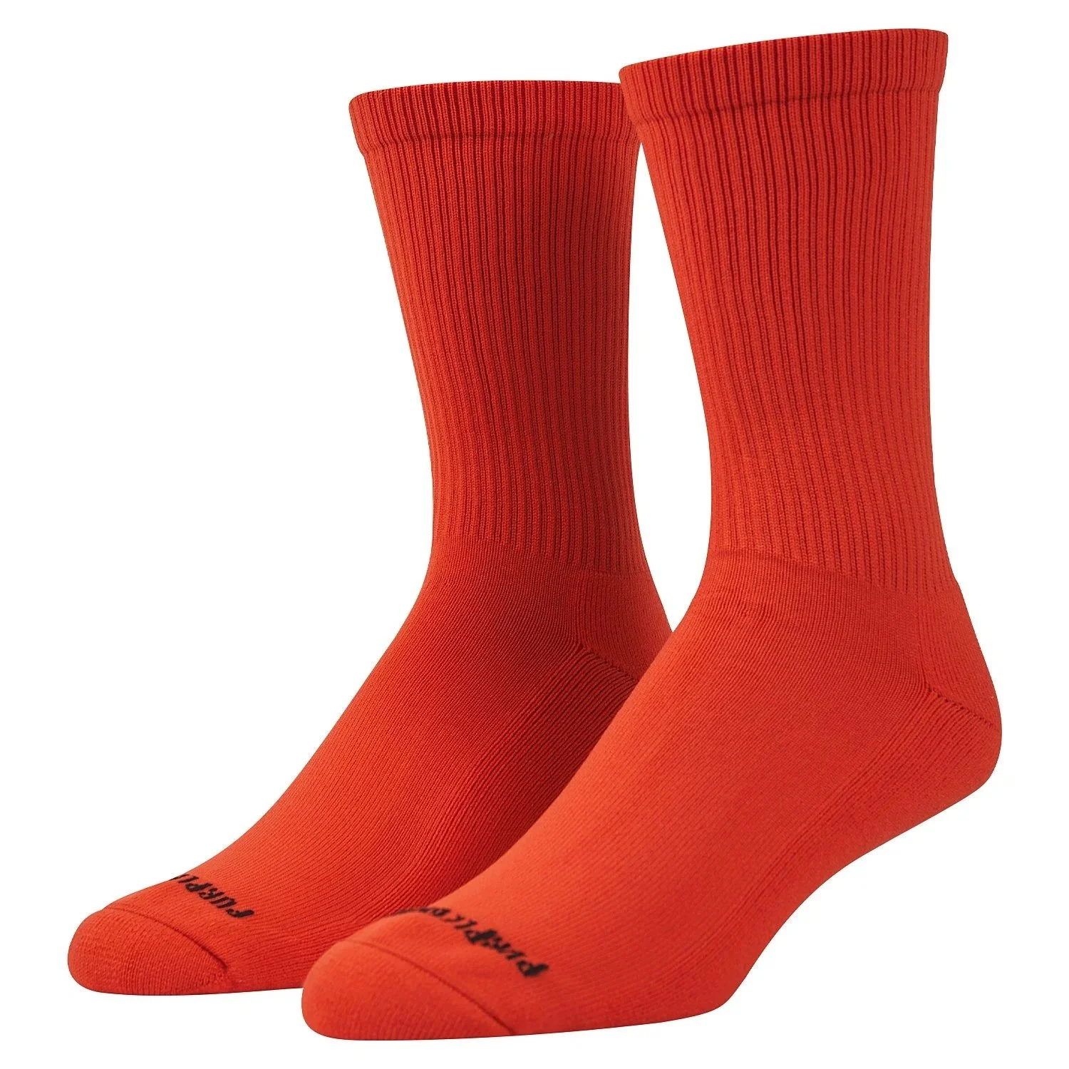Red ribbed crew socks on a white background.