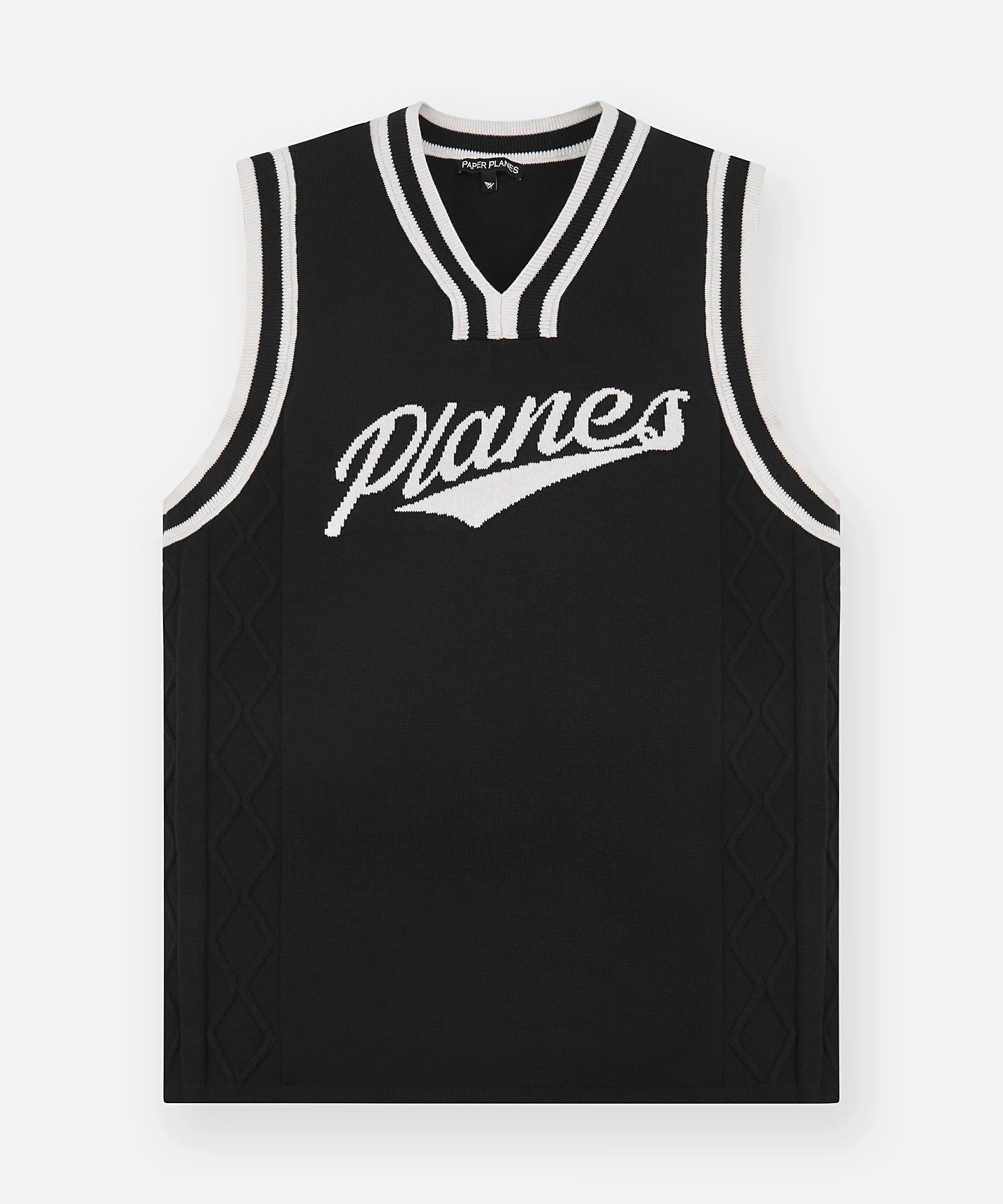 Black Paper Planes basketball jersey with white trim on a white background.