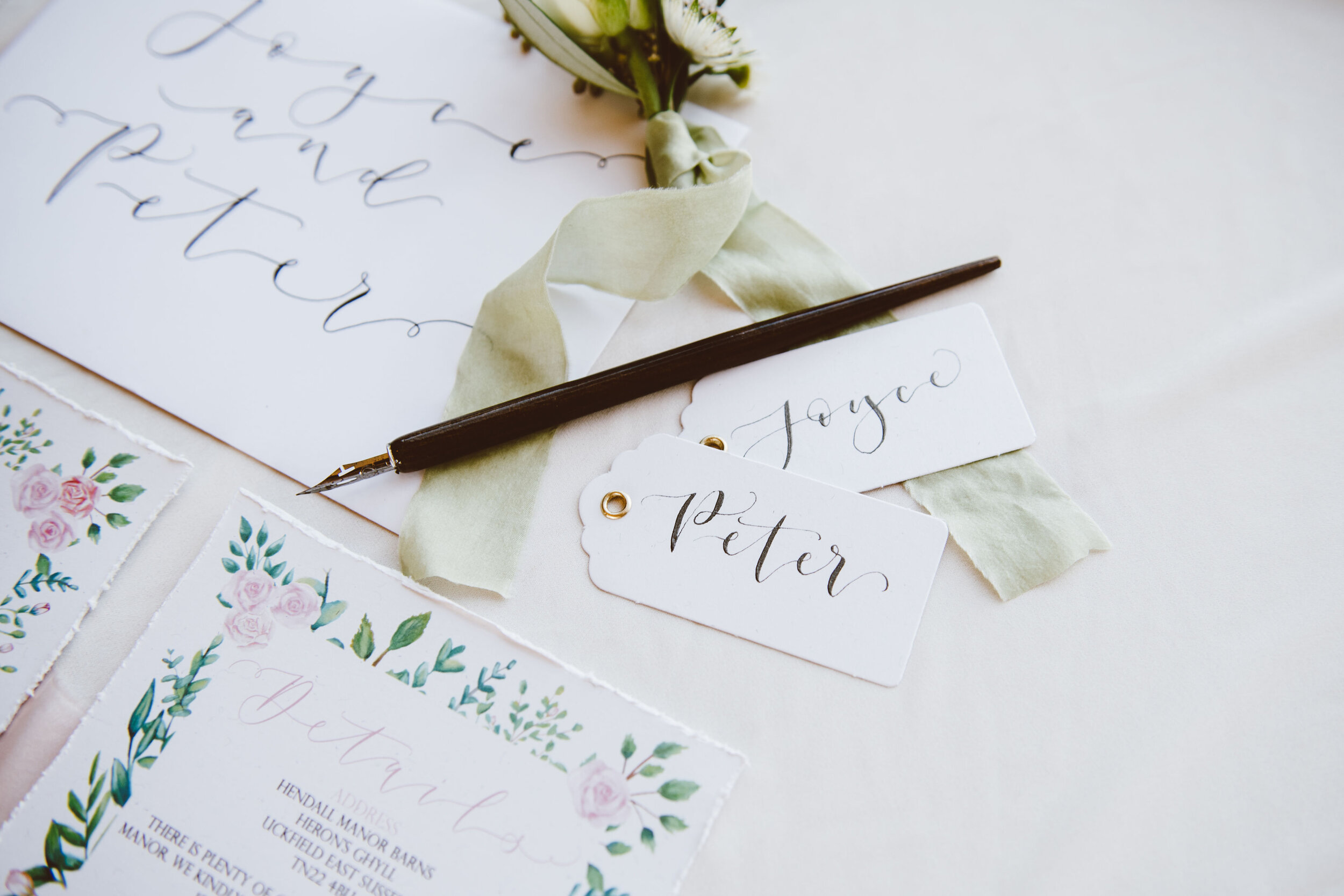 Luxury recycled paper place cards with  hand-lettered calligraphy by The Amyverse - Eco friendly wedding stationery