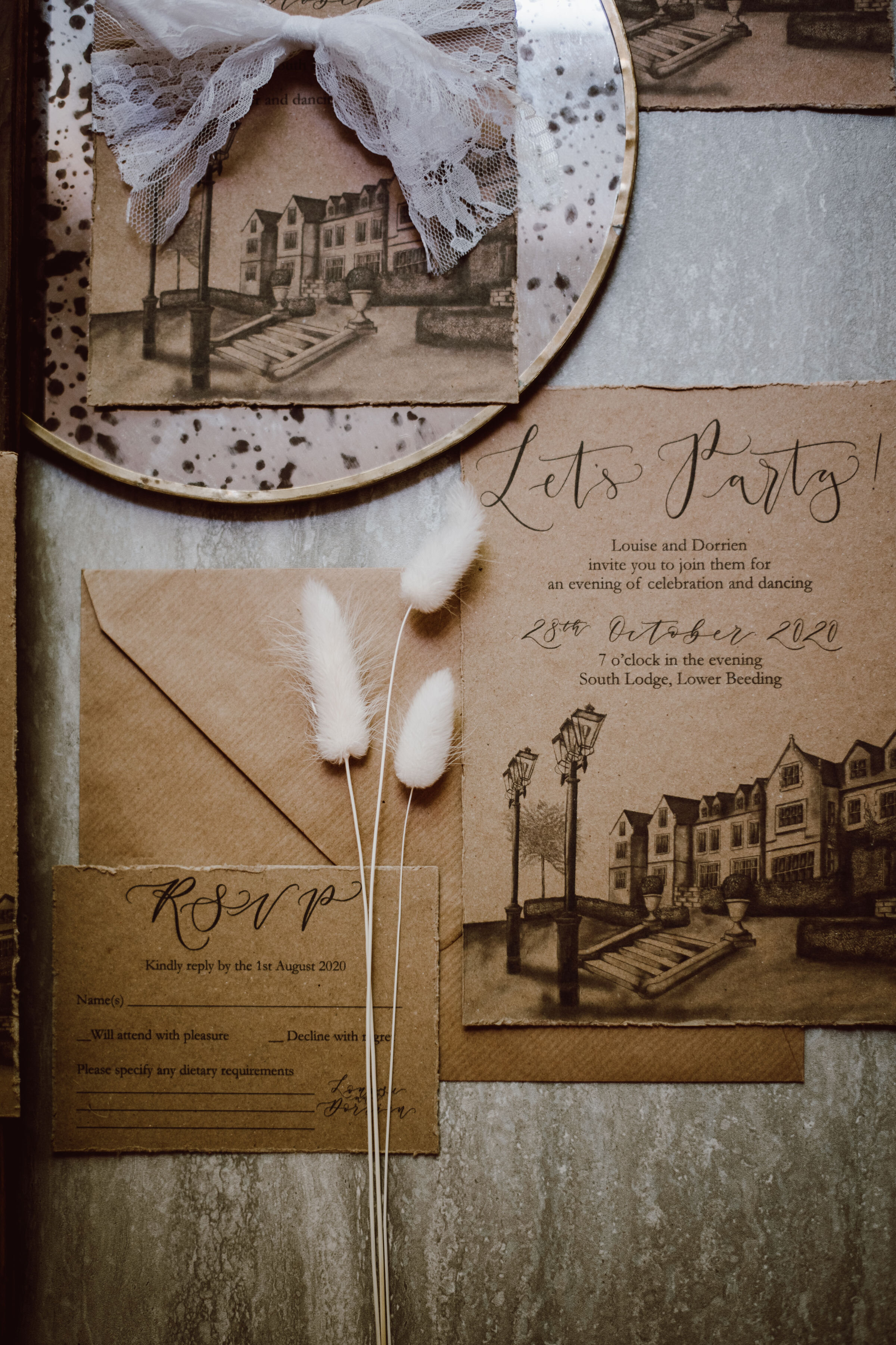 South Lodge recycled paper evening invites by The Amyverse with illustration and calligraphy.jpg