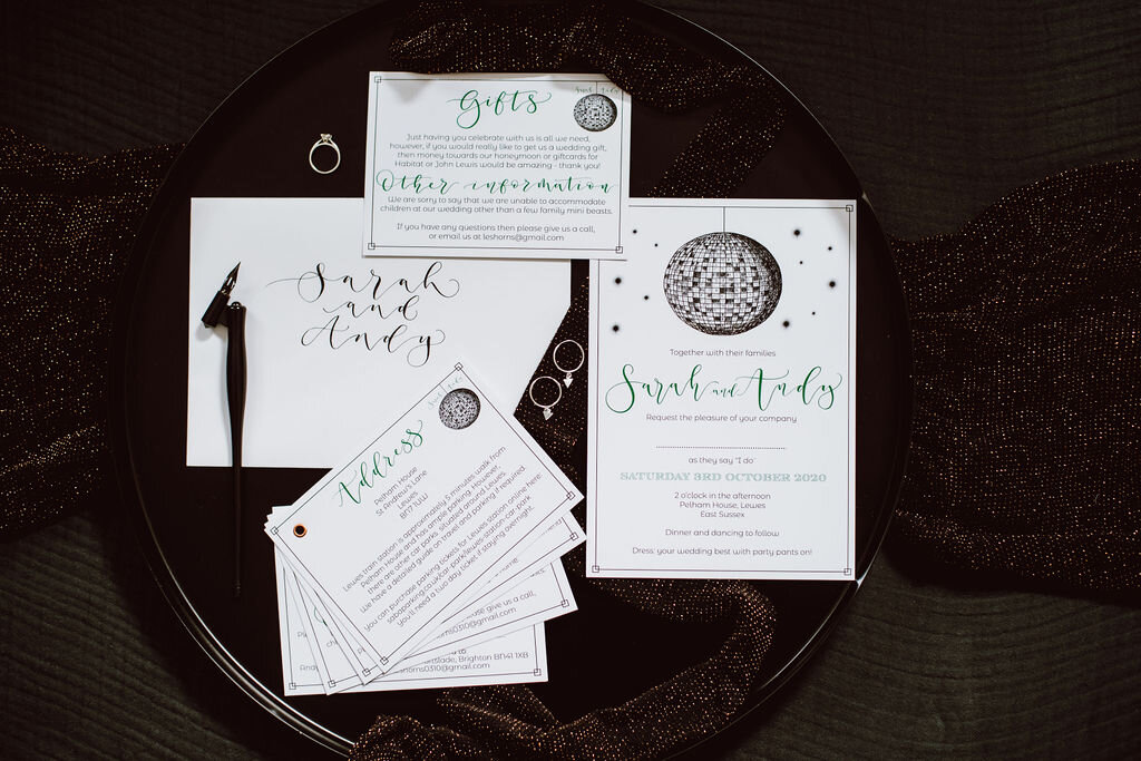Disco ball invites -  Let's party eco friendly invitations made from recycled paper - Pelham House wedding stationery - Copper and green with calligraphy envelope.jpg