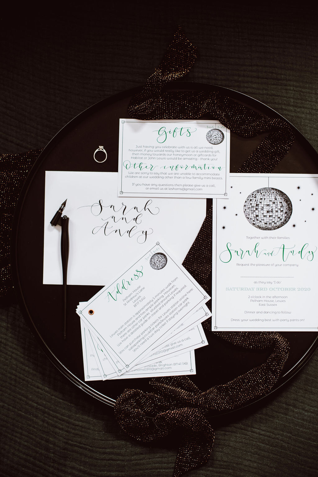 Disco ball invites -  Let's party eco friendly invitations made from recycled paper - Pelham House wedding stationery - Forest green & copper.jpg