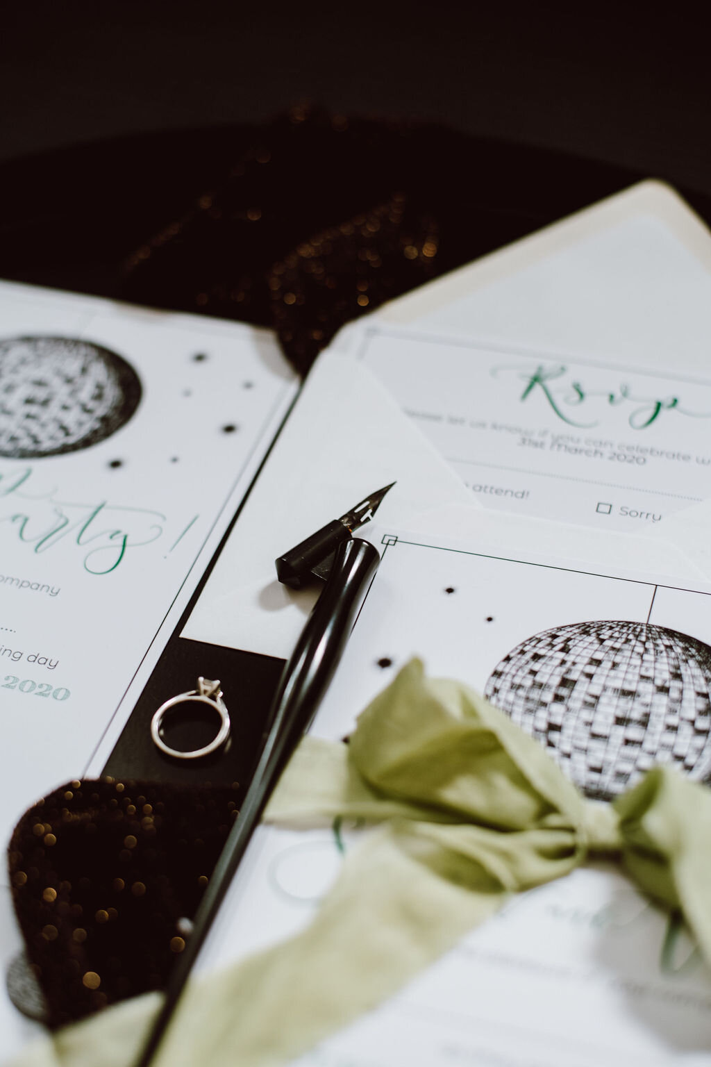 Disco ball invites -  Let's party eco friendly invitations made from recycled paper - Pelham House wedding stationery - forest green.jpg