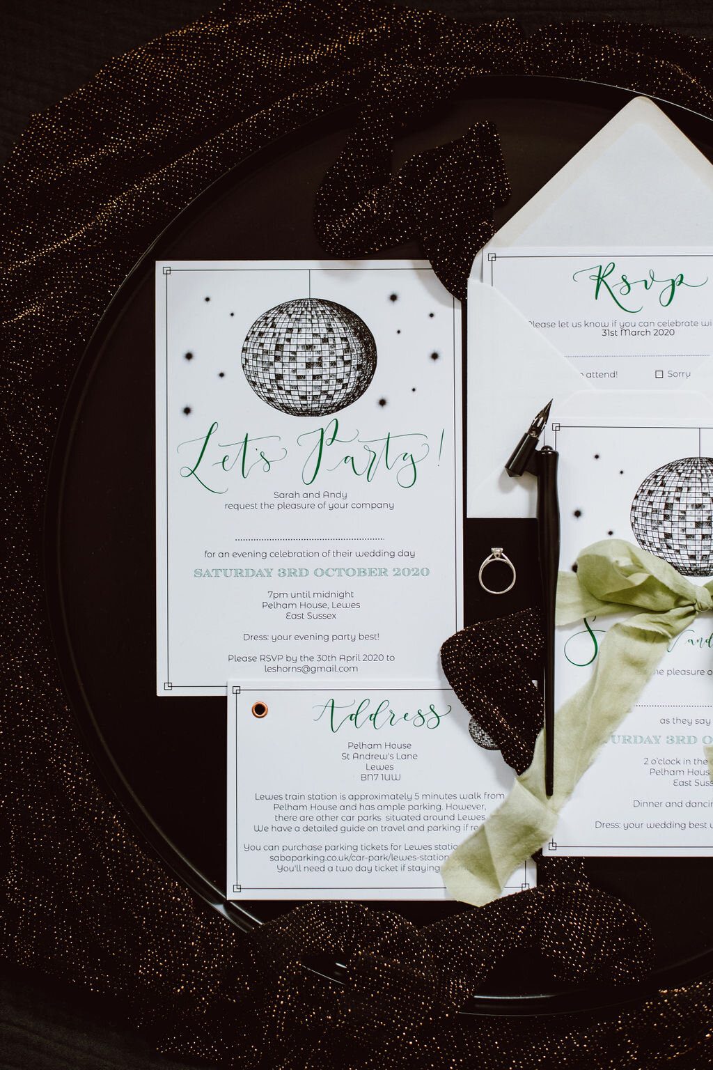 Disco ball invites -  Let's party eco friendly invitations made from recycled paper - Pelham House wedding stationery - forest green and copper.jpg