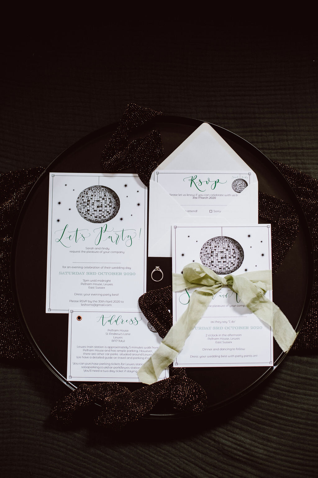 Disco ball invites -  Let's party eco friendly invitations made from recycled paper - Pelham House wedding stationery - modern wedding invite set.jpg