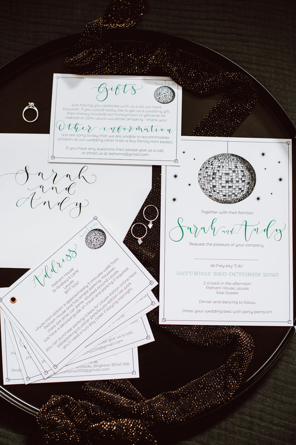 Disco ball invites -  Let's party eco friendly invitations made from recycled paper - Pelham House wedding stationery - with calligraphy addressed envelopes.jpg