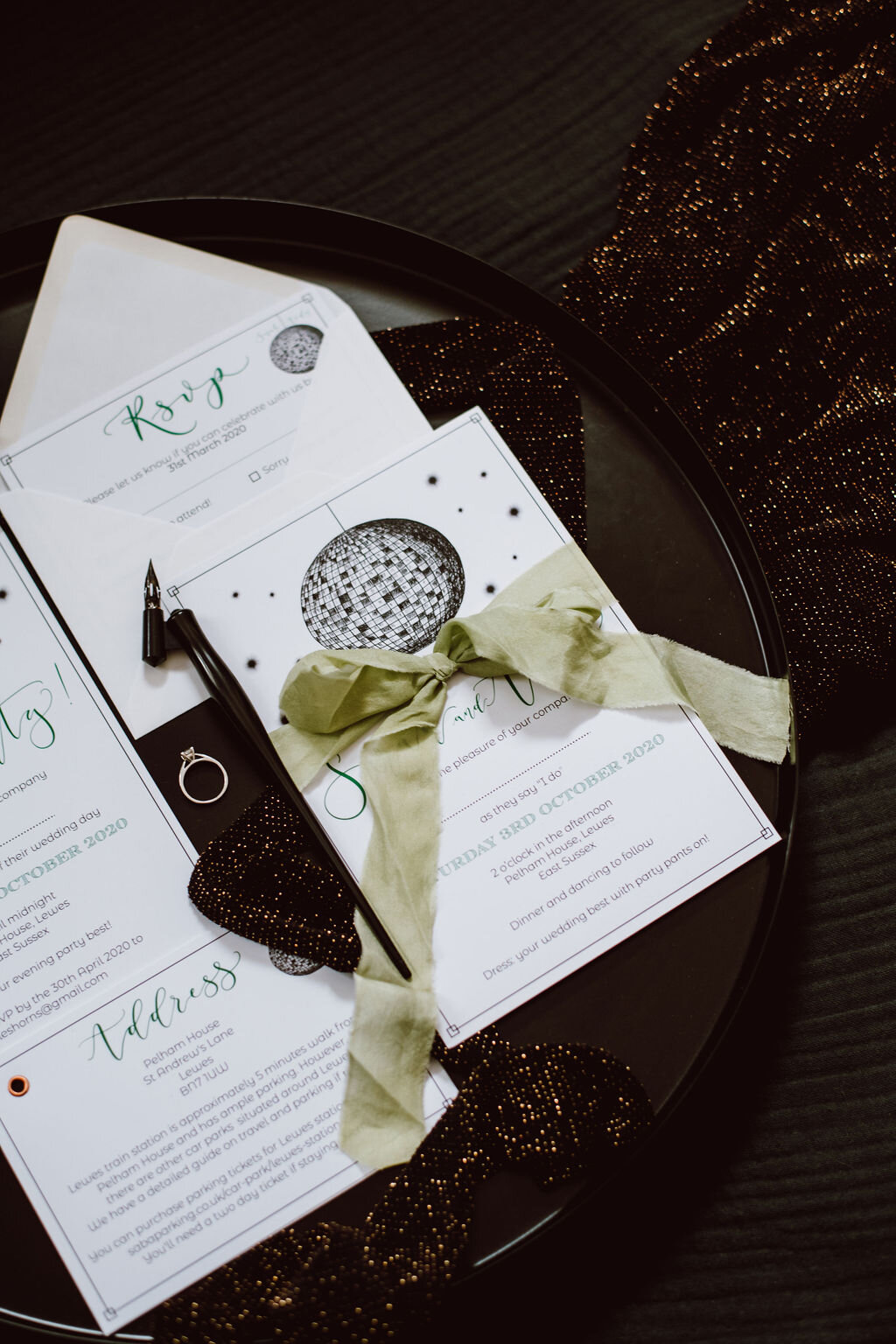 Disco ball invites - eco friendly invitations made from recycled paper - Pelham House wedding stationery - forest green.jpg