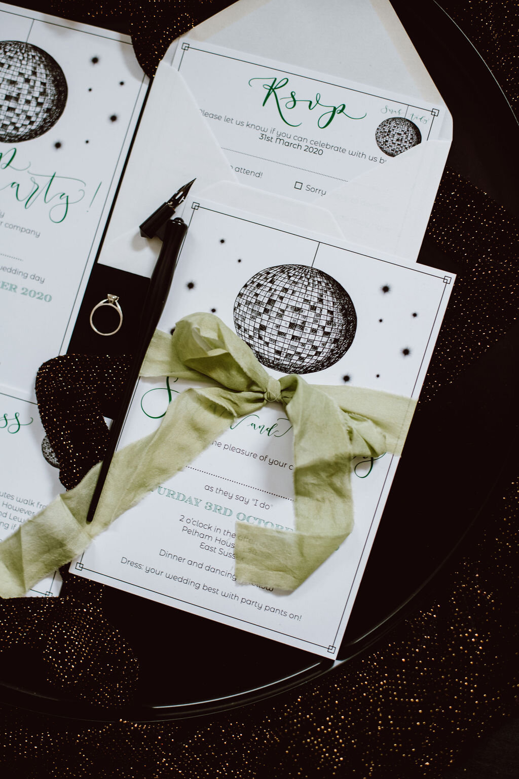 Disco ball invites - eco friendly invitations made from recycled paper - Pelham House wedding stationery suite.jpg