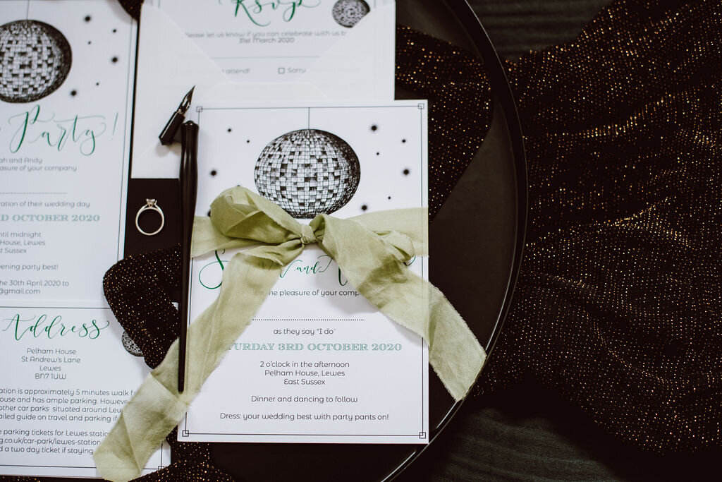 Disco ball invites - eco friendly invitations made from recycled paper - Pelham House wedding stationery with green details.jpg