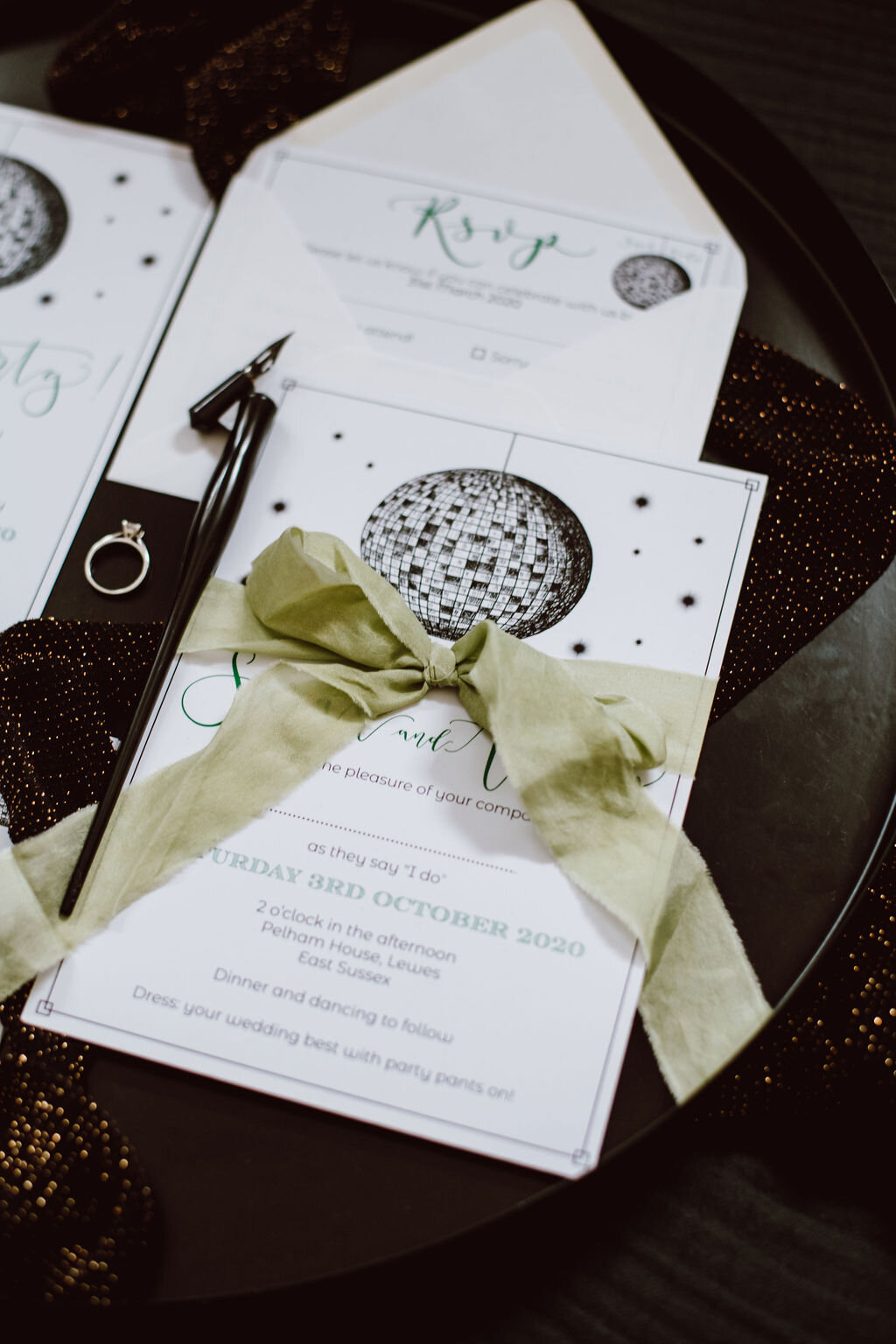 Disco ball invites - eco friendly invitations made from recycled paper - Pelham House wedding stationery.jpg