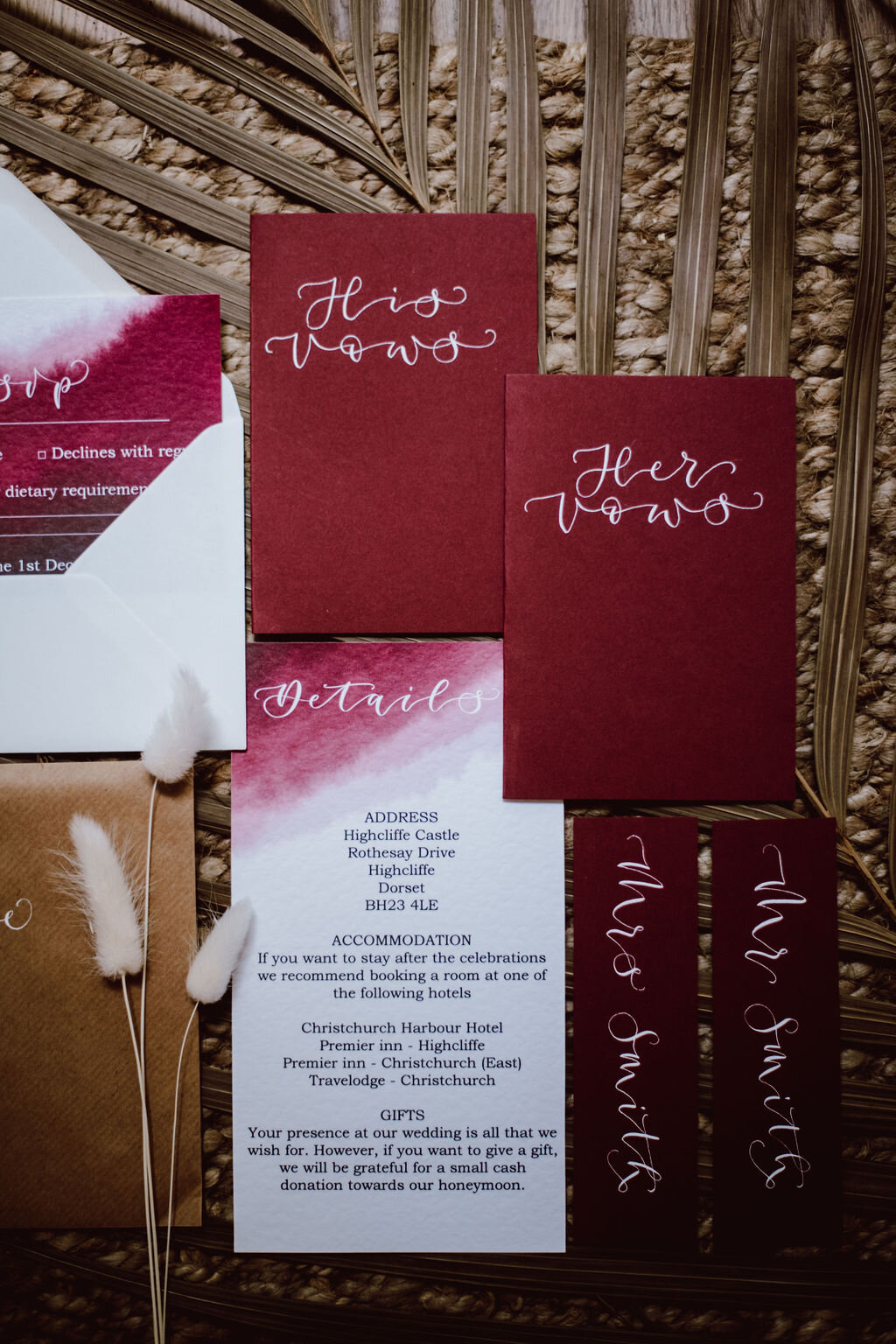 Burgundy watercolour and Highcliff castle illustration wedding wedding invitation suite with matching rsvp card - Calligraphy Vow books.jpg
