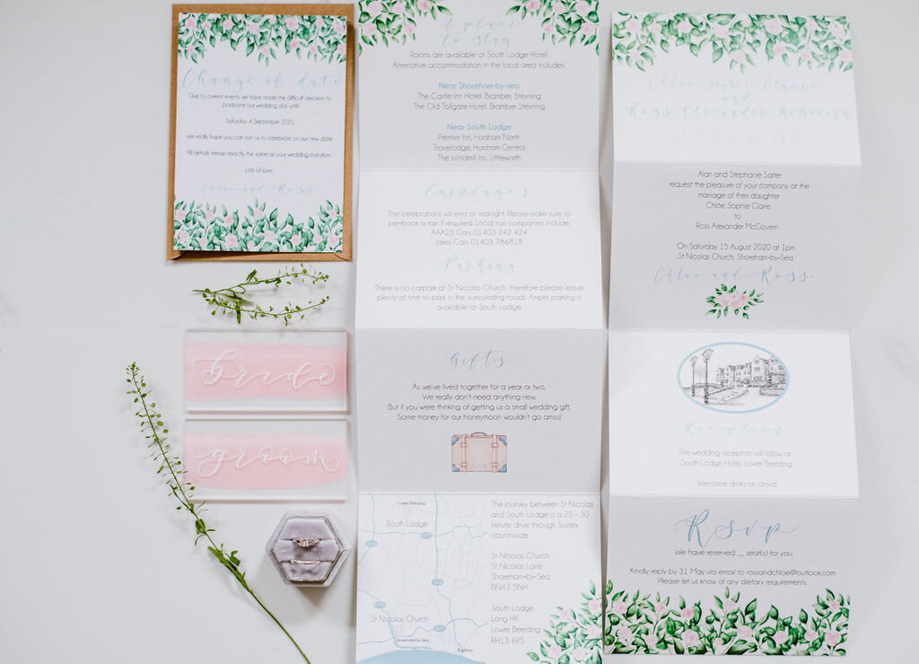 blush pink and dusty blue floral concertina invitations with calligraphy and illustration of South Lodge - The Amyverse with map.jpg