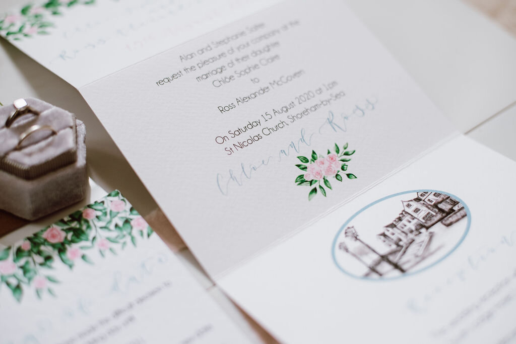 blush pink and dusty blue floral concertina invitations with calligraphy and illustration of South Lodge by the amyverse.jpg