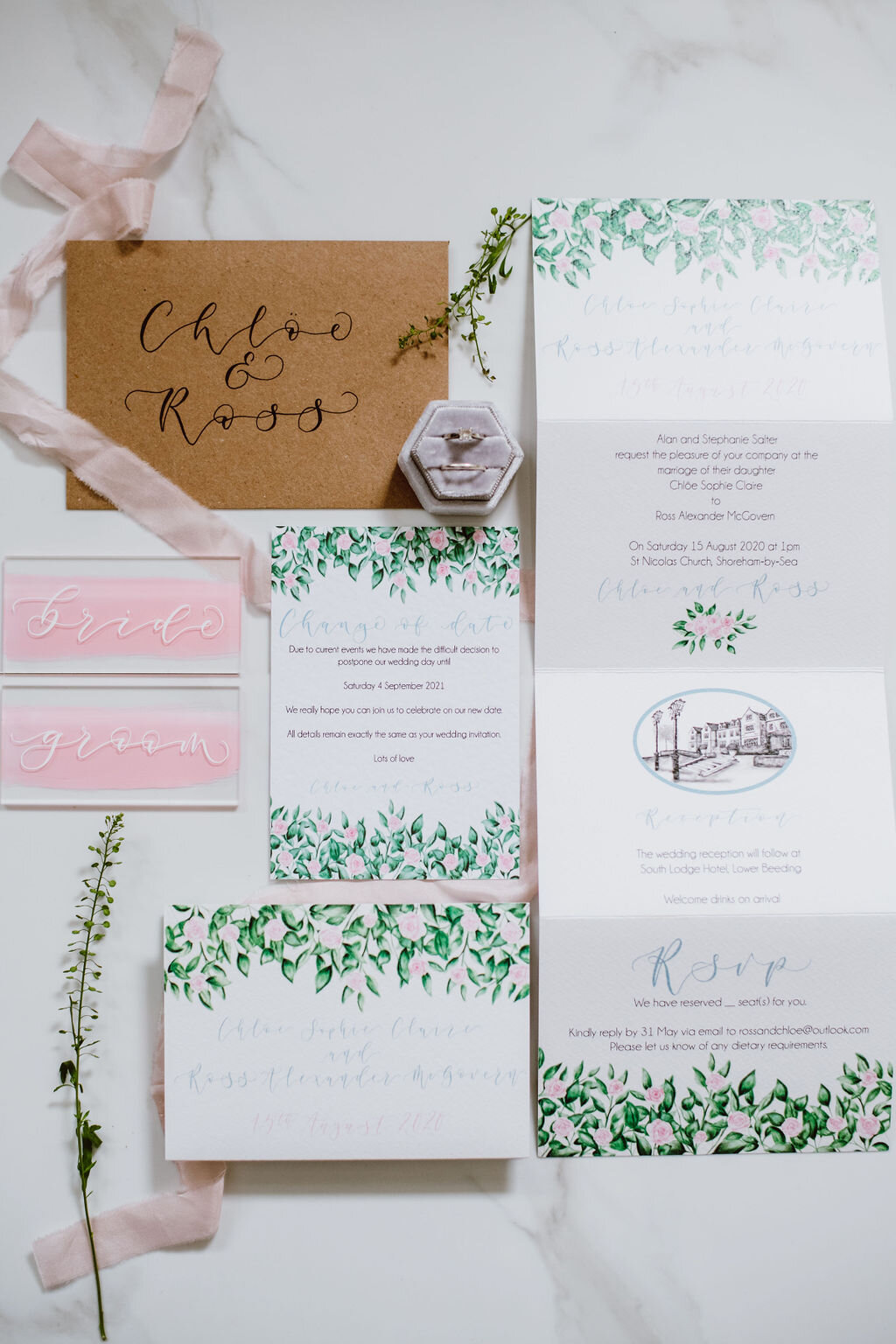 blush pink and dusty blue floral concertina invitations with calligraphy and illustration of South Lodge.jpg
