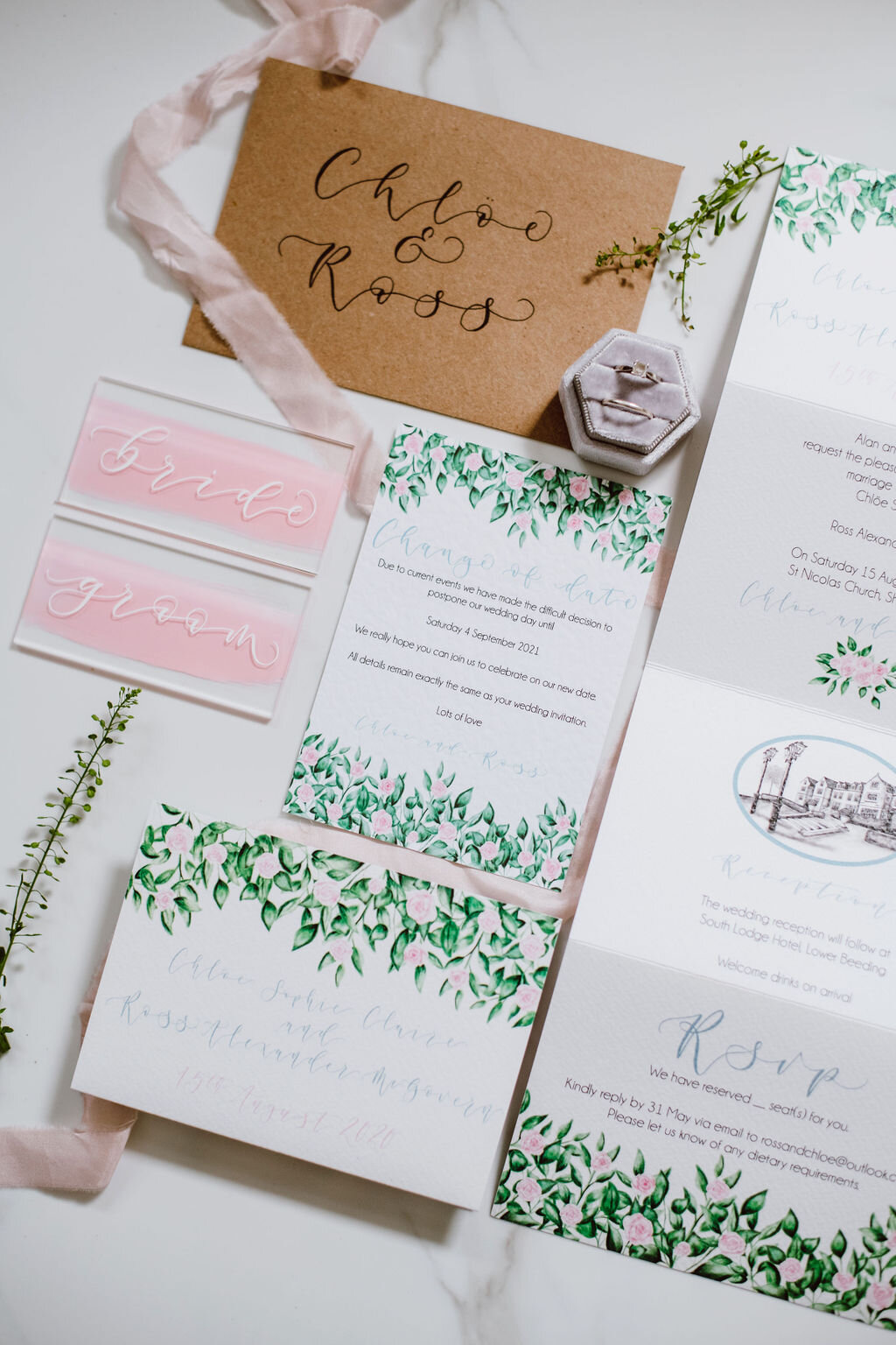 blush pink and dusty blue floral concertina invitations with calligraphy and illustration of South Lodge - The Amyverse with map and calligraphy envelope.jpg