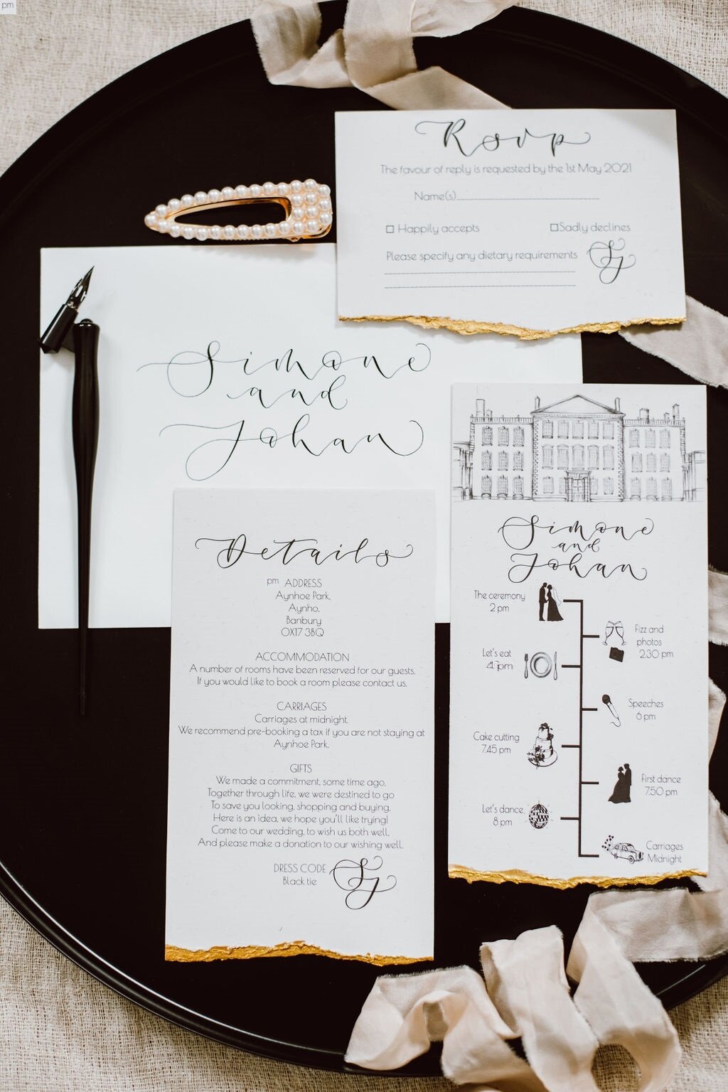 Monochrome Aynhoe Park invitation suite printed on recycled paper with gold details by The Amyverse - Wedding timeline, rsvp card and information card.jpg