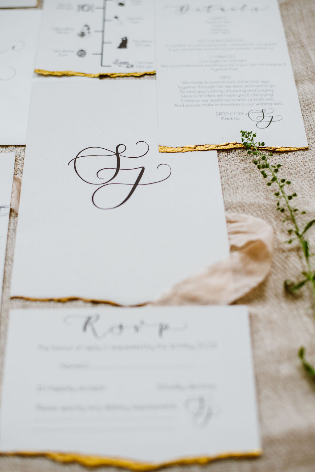 Monochrome Aynhoe Park invitation suite printed on recycled paper with gold details by The Amyverse calligraphy monogram.jpg