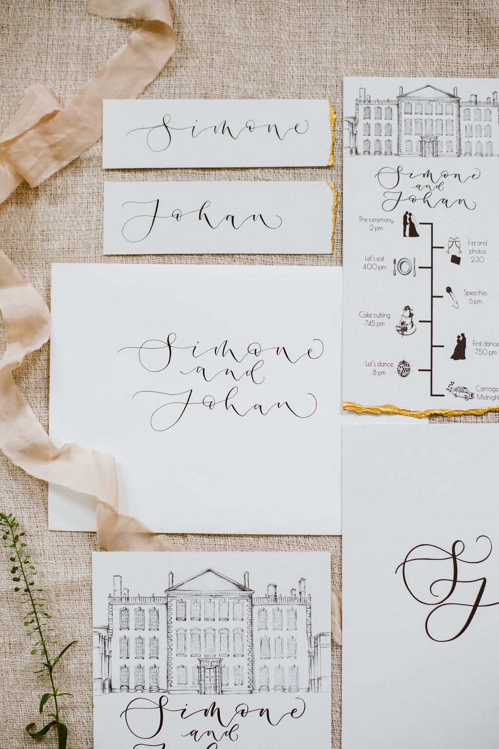 Modern calligraphy place cards with black in and gold details for Aynhoe Park wedding.jpg
