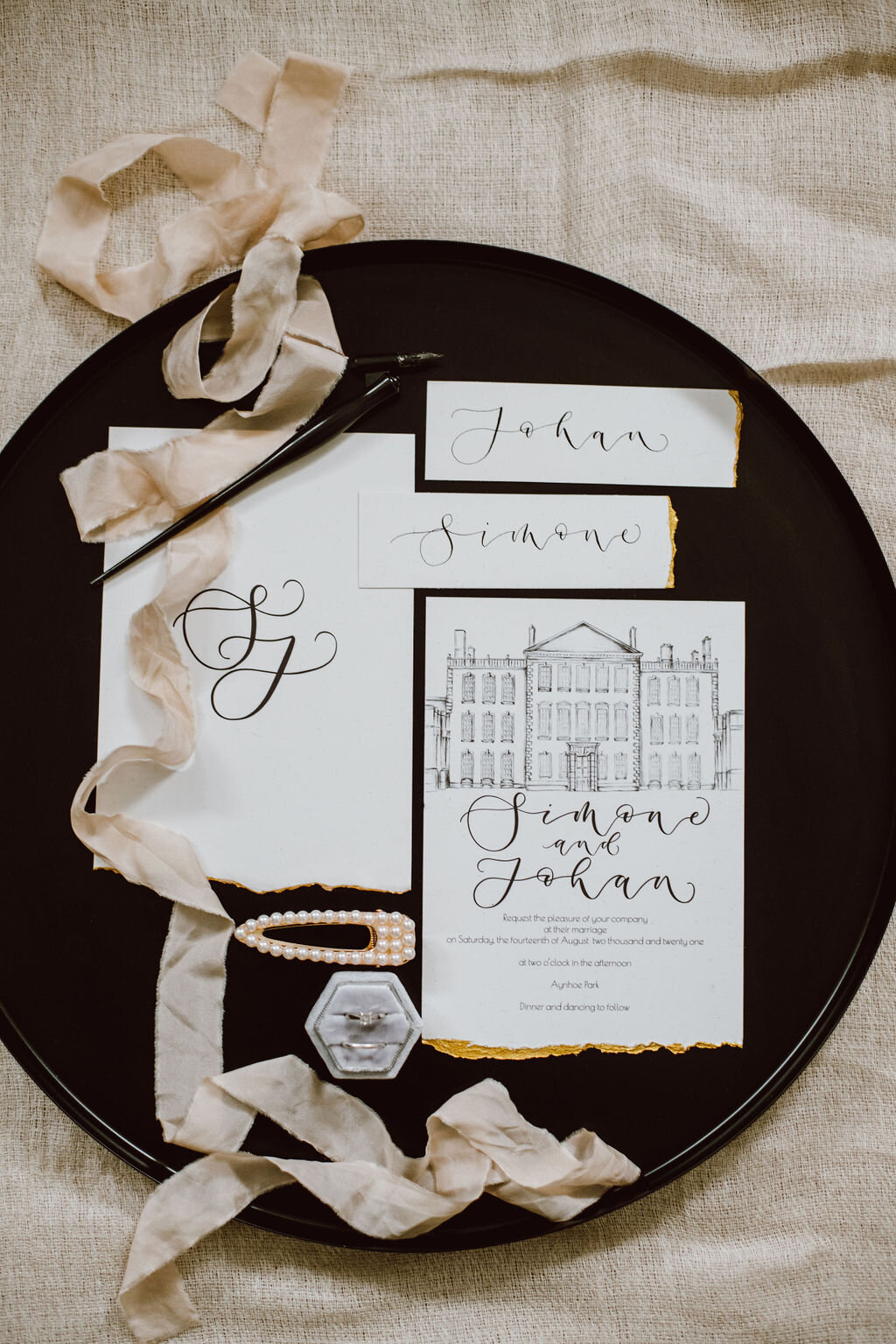 Monochrome Aynhoe Park invitation suite printed on recycled paper with gold details by The Amyverse.jpg
