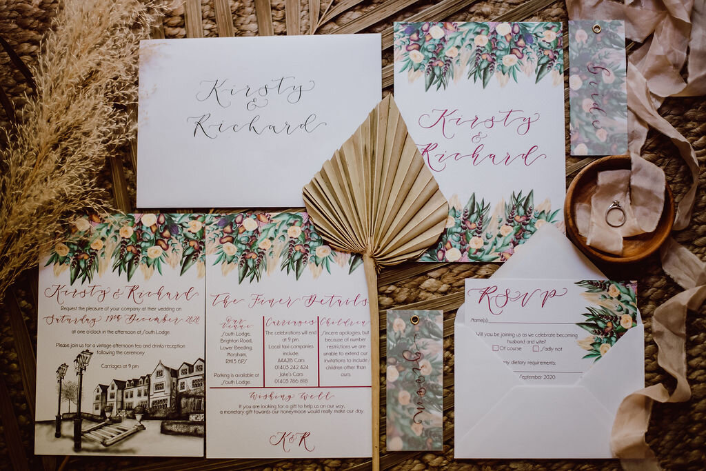 Burgundy boho floral wedding stationery suite for South Lodge wedding by The Amyverse with table number, invite, rsvp and information card.jpg