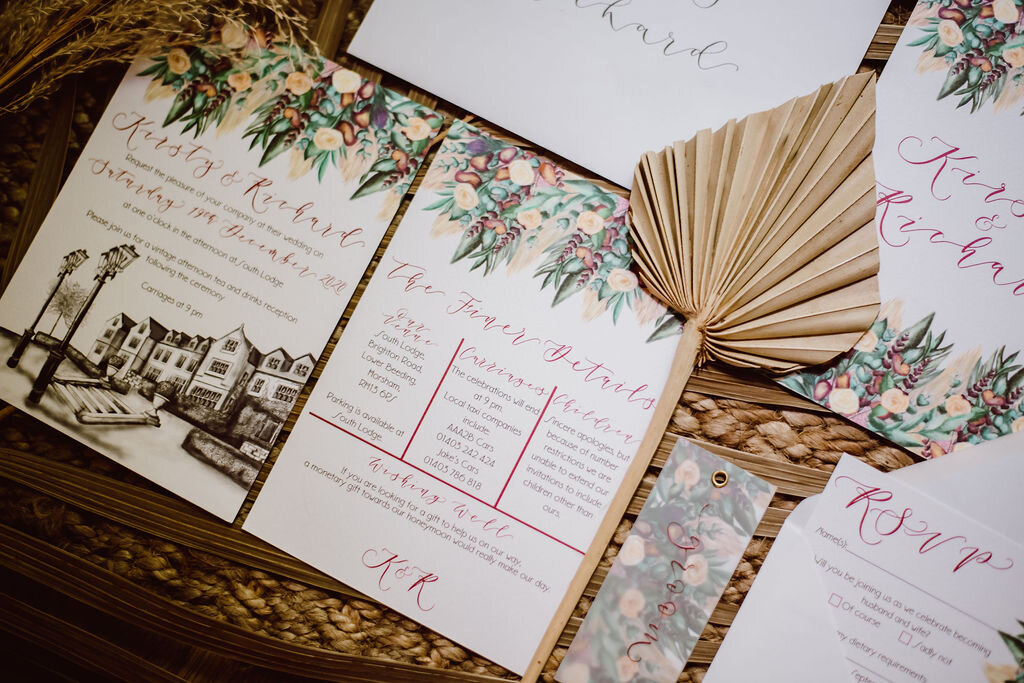Burgundy boho floral wedding stationery suite for South Lodge wedding by The Amyverse with table number, invite, rsvp, information card - the finer details.jpg