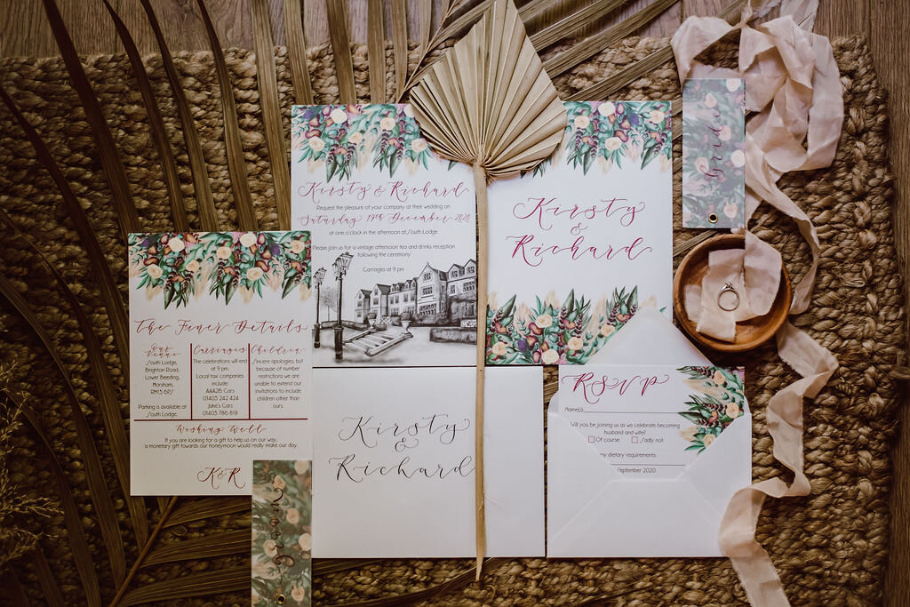 Burgundy boho floral wedding stationery suite for South Lodge wedding by The Amyverse with table number, invite, rsvp, information card.jpg