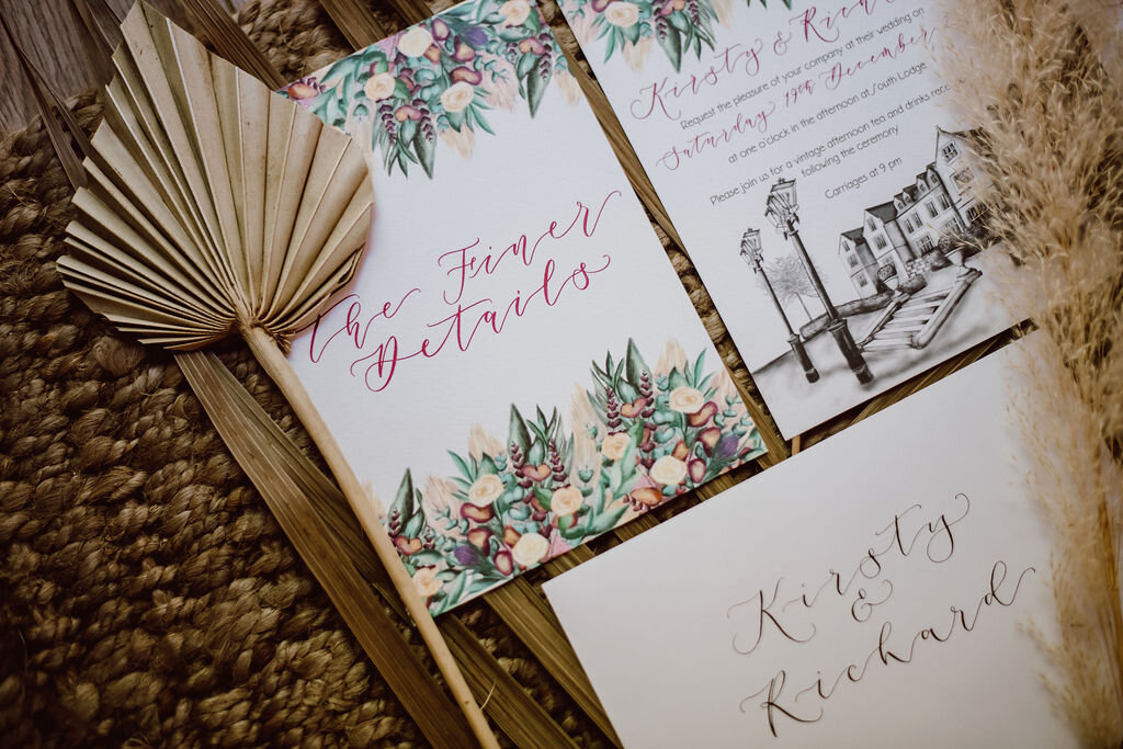 South Lodge hotel boho wedding invitation, with calligraphy envelop,venue illustration, calligraphy and painted florals, pampass grass, thistles and roses.jpg